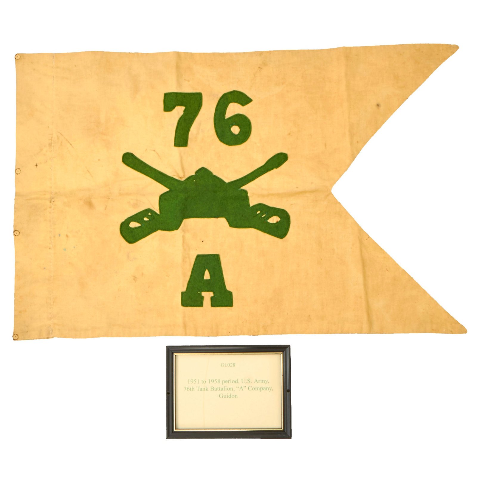 Buy Original U.S. Korean War-Era 76th Tank Battalion Swallowtail Guidon with Plaque - Formerly Part of the A.A.F. Tank Museum | Original Firearms Antique For Sale
