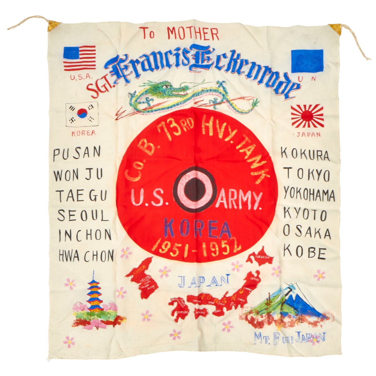 Buy Original U.S. Korean War Named I Corps Japanese-Made Silk Souvenir Flag - 73rd Heavy Tank - Japan and Korea - Formerly Part of the A.A.F. Tank Museum | Original Firearms Antique For Sale