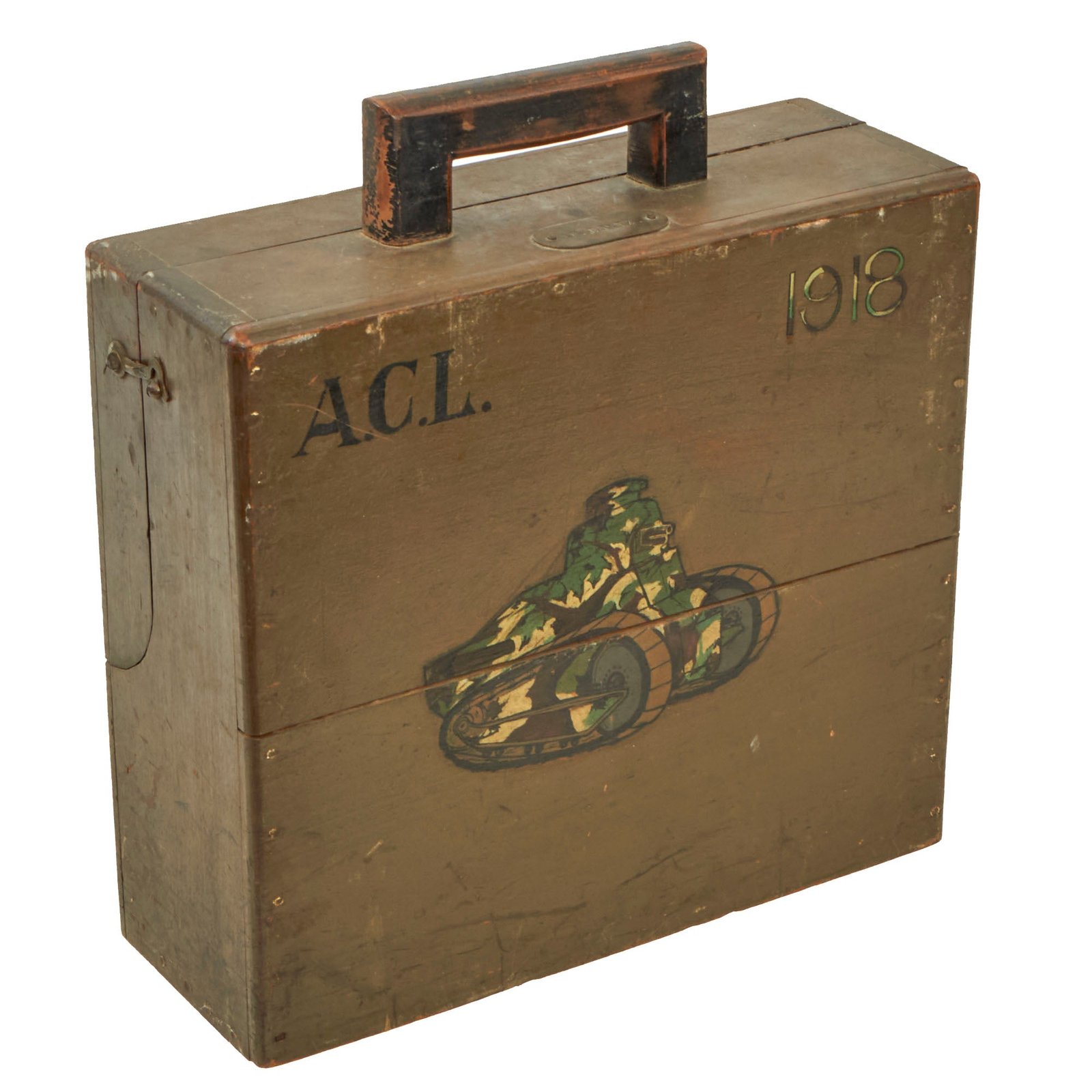 Buy Original French WWI Wooden Typewriter Case With Painted Renault FT Light Tank on the Front - Formerly A.A.F. Tank Museum Collection | Original Firearms Antique For Sale