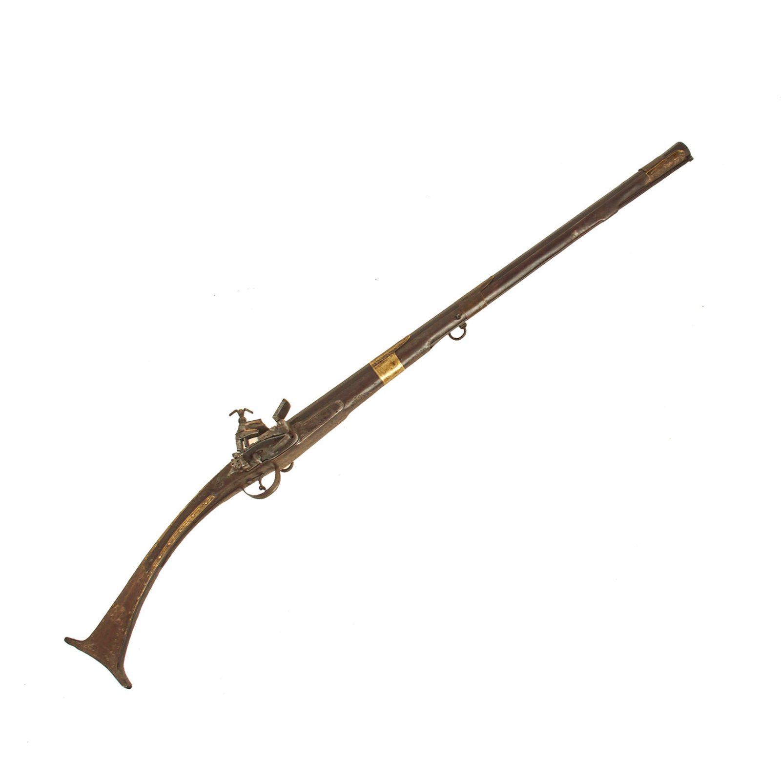 Buy Original Rare North African Embossed Iron & Brass Clad Miquelet Tanchika Carbine with Rifled Barrel - circa 1800 | Original Firearms Antique For Sale