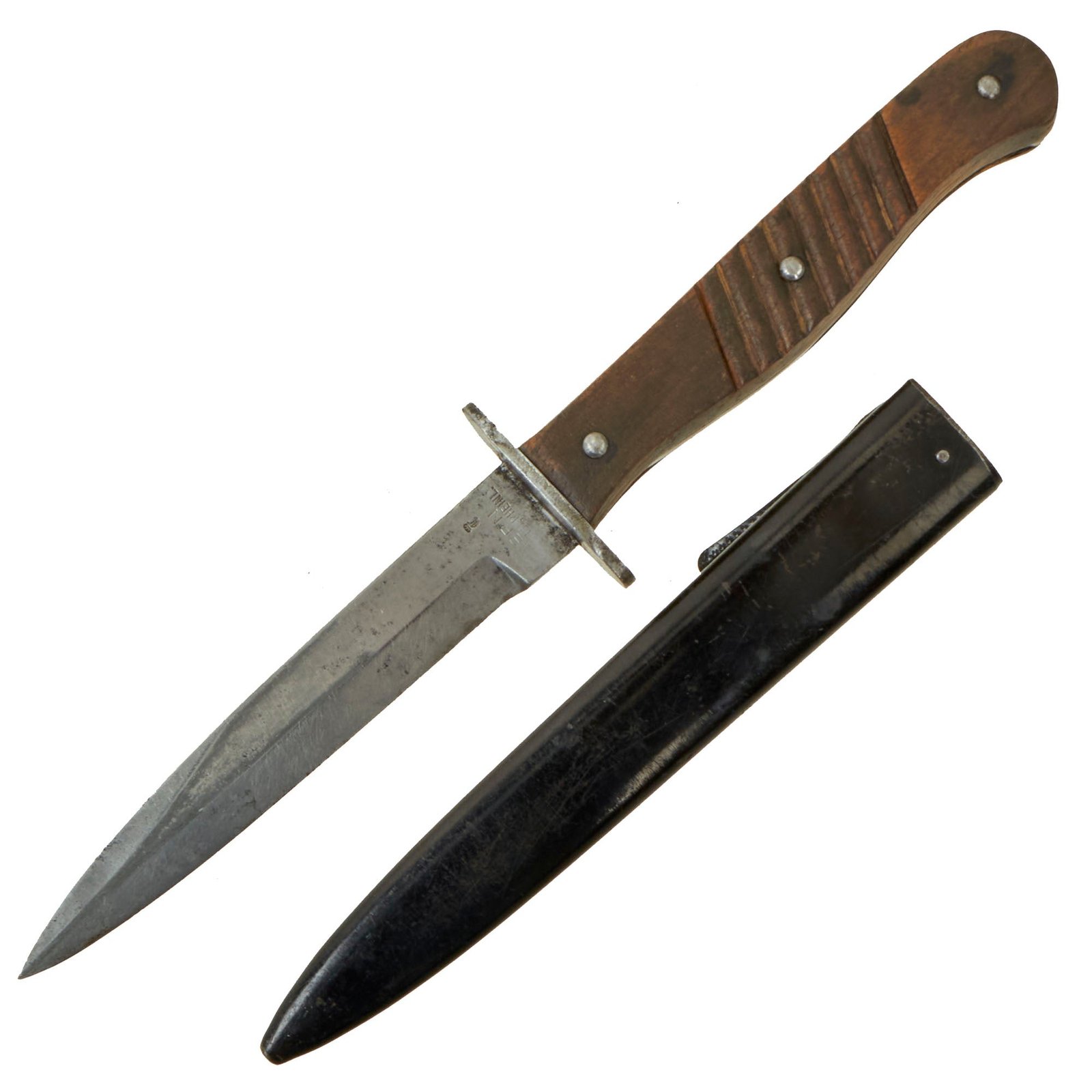 Buy Original German WWI Trench Fighting Knife by ERN with Ribbed Grips and WWII Boot Scabbard | Original Firearms Antique For Sale