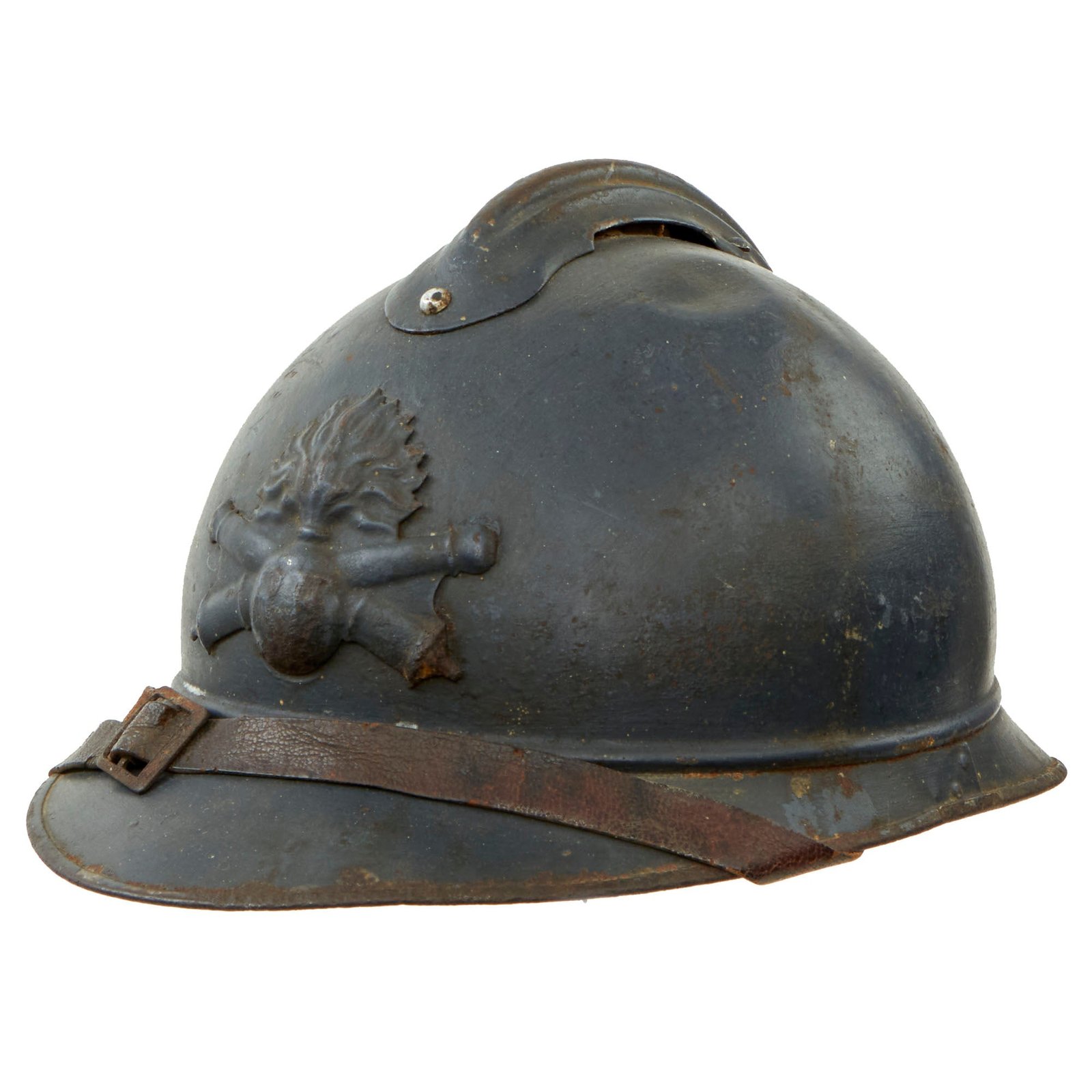 Buy Original French WWI Issue Model 1915 Adrian Helmet in Horizon Blue with Artillery RF Badge and First Pattern Liner - Complete | Original Firearms Antique For Sale