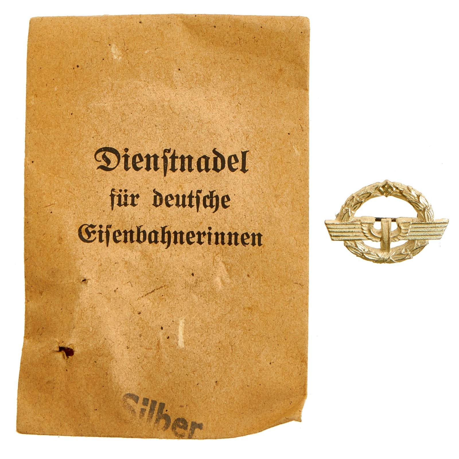 Buy Original German WWII Deutsches Reichsbahn National Railway Silver Grade Female Staff Service Badge in Paper Packet | Original Firearms Antique For Sale