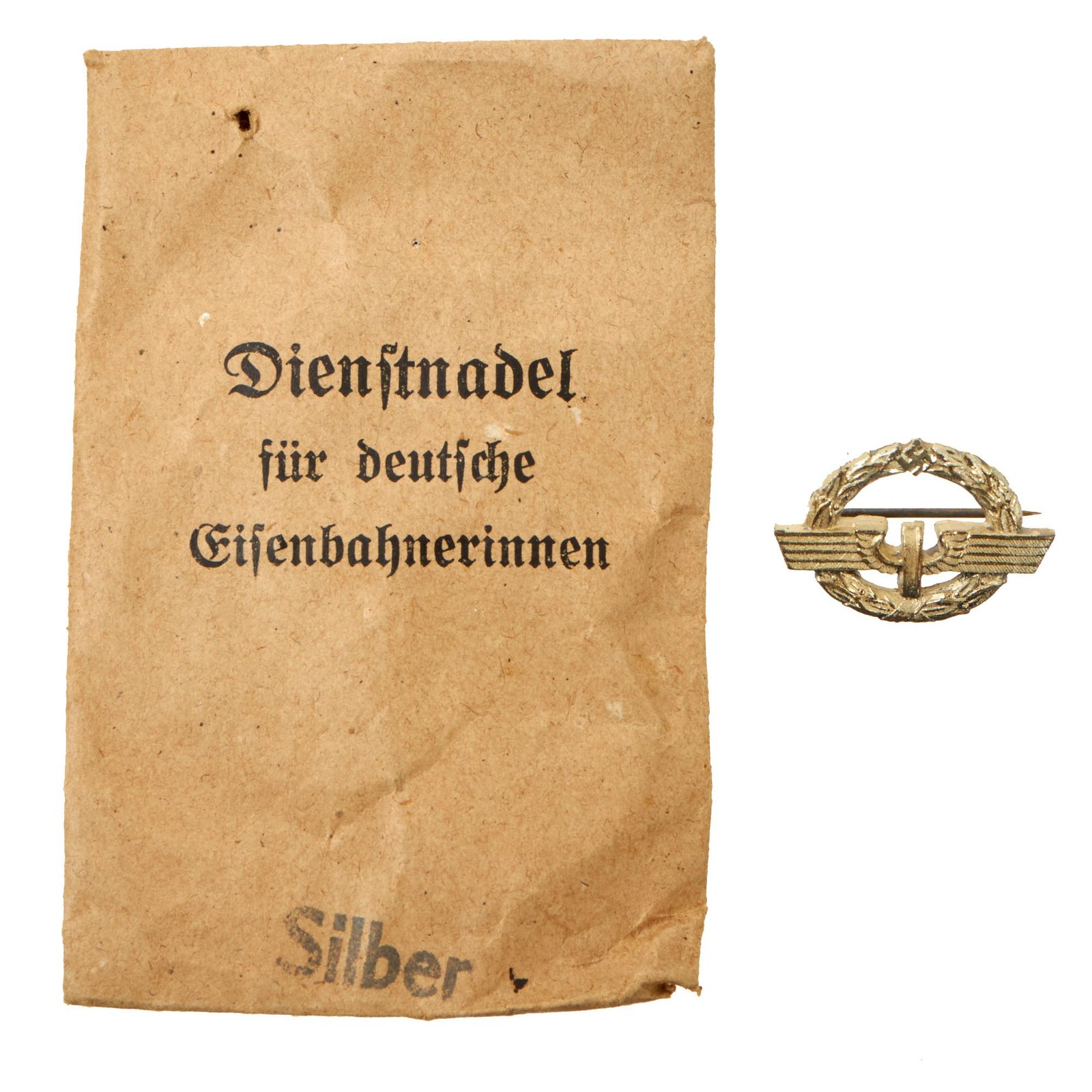Buy Original German WWII Deutsches Reichsbahn National Railway Silver Grade Female Staff Service Badge in Paper Packet | Original Firearms Antique For Sale