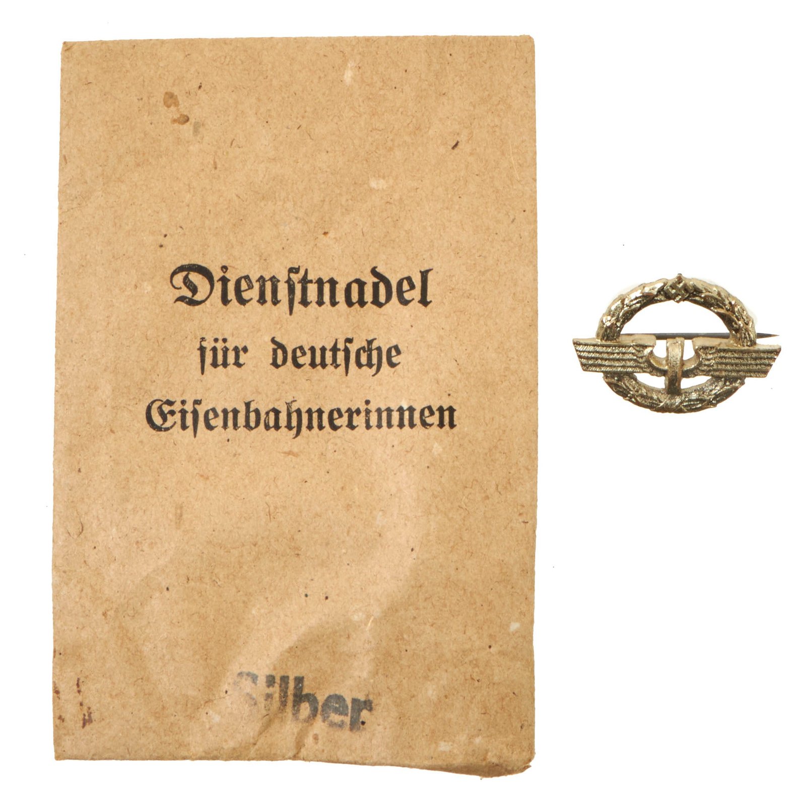 Buy Original German WWII Deutsches Reichsbahn National Railway Silver Grade Female Staff Service Badge in Paper Packet | Original Firearms Antique For Sale