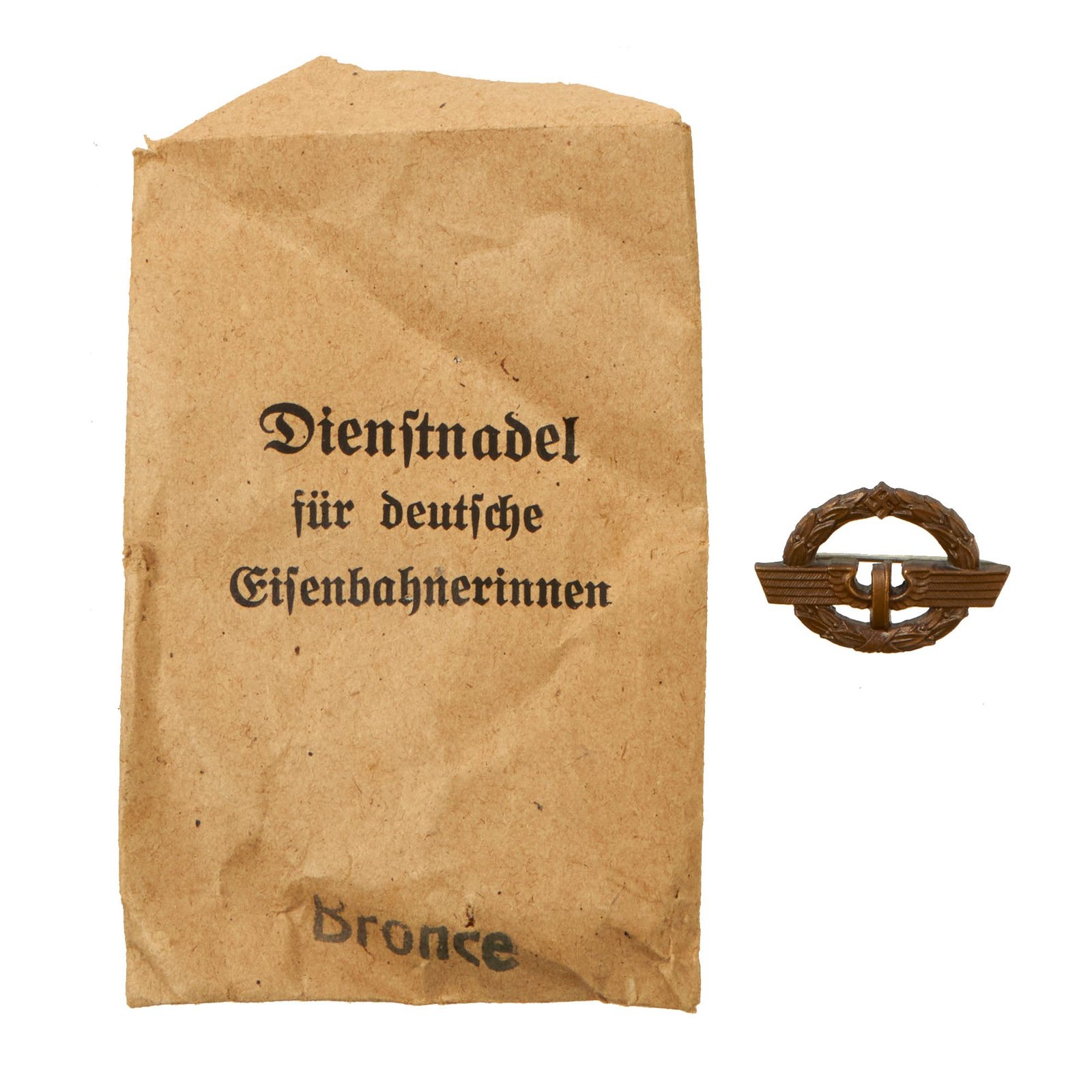 Buy Original German WWII Deutsches Reichsbahn National Railway Bronze Grade Female Staff Service Badge in Paper Packet | Original Firearms Antique For Sale