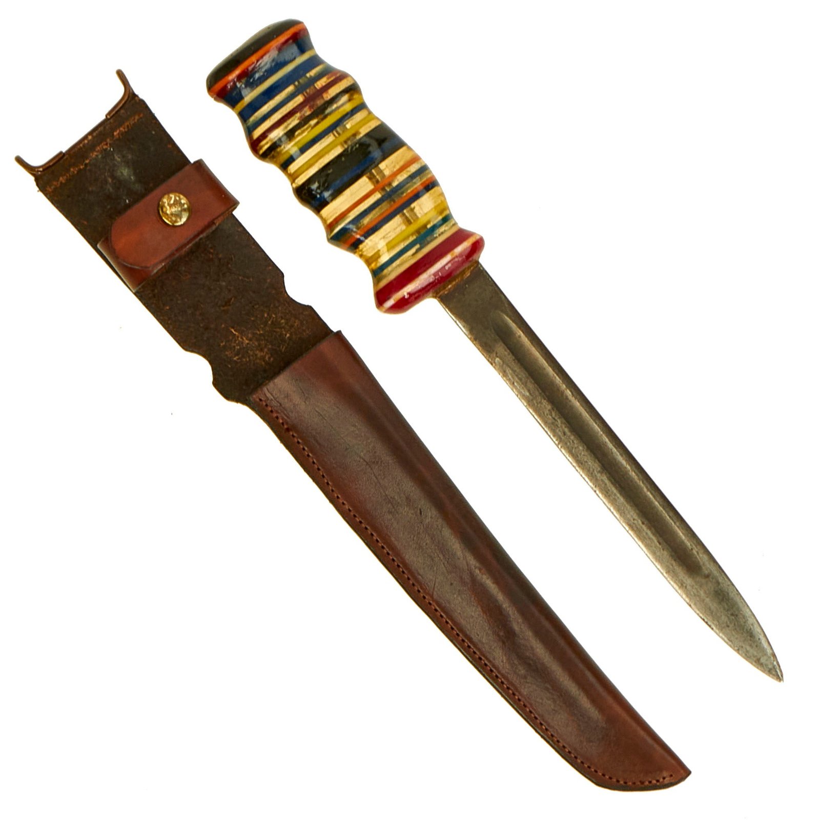 Buy Original U.S. WWII Era “Fat Handle” Theater Made Fighting Knife Constructed From M1942 Bayonet With Leather Scabbard | Original Firearms Antique For Sale