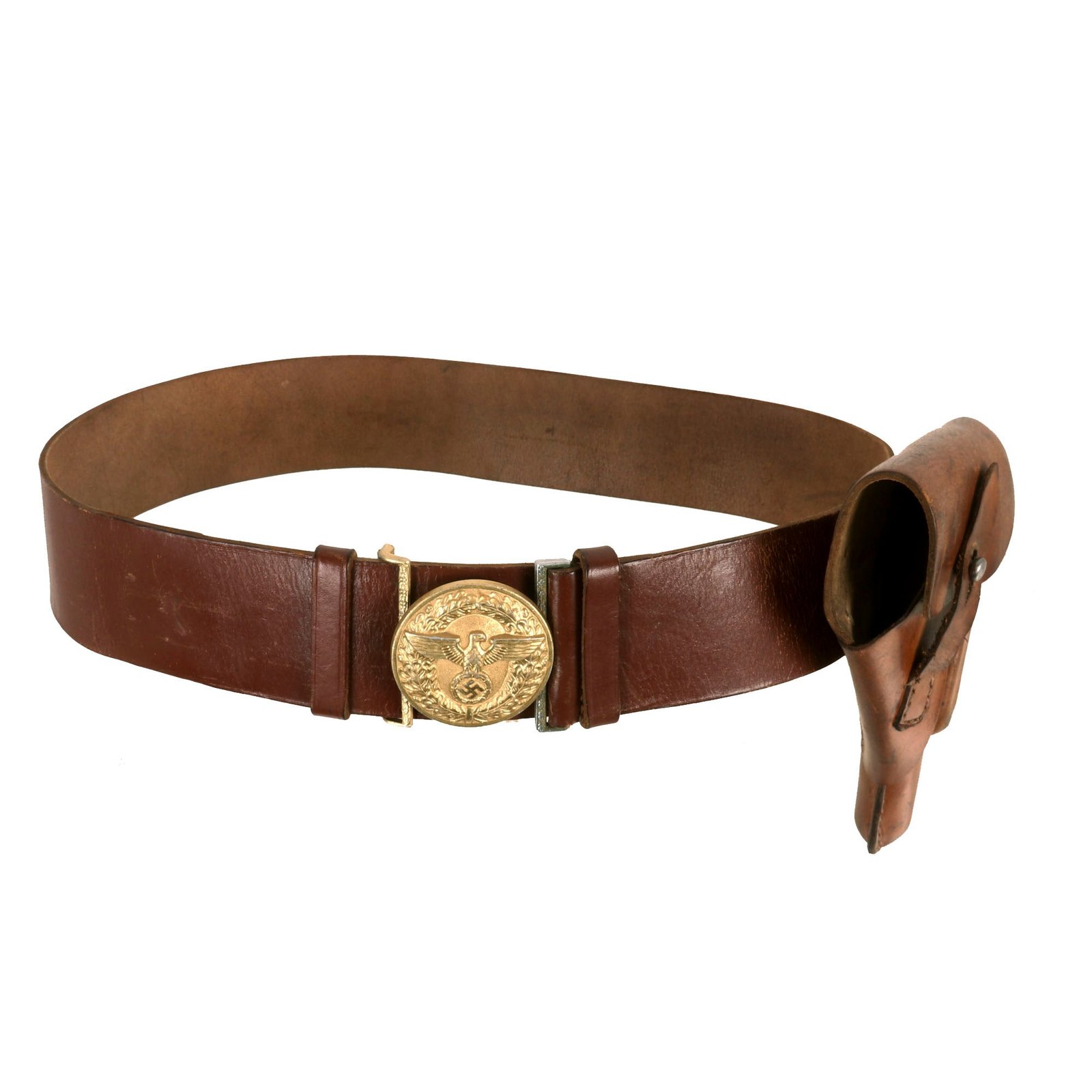 Buy Original German WWII NSDAP Political Leader Leather Belt with Aluminum Belt Buckle by Assmann and Leather High-front Holster | Original Firearms Antique For Sale