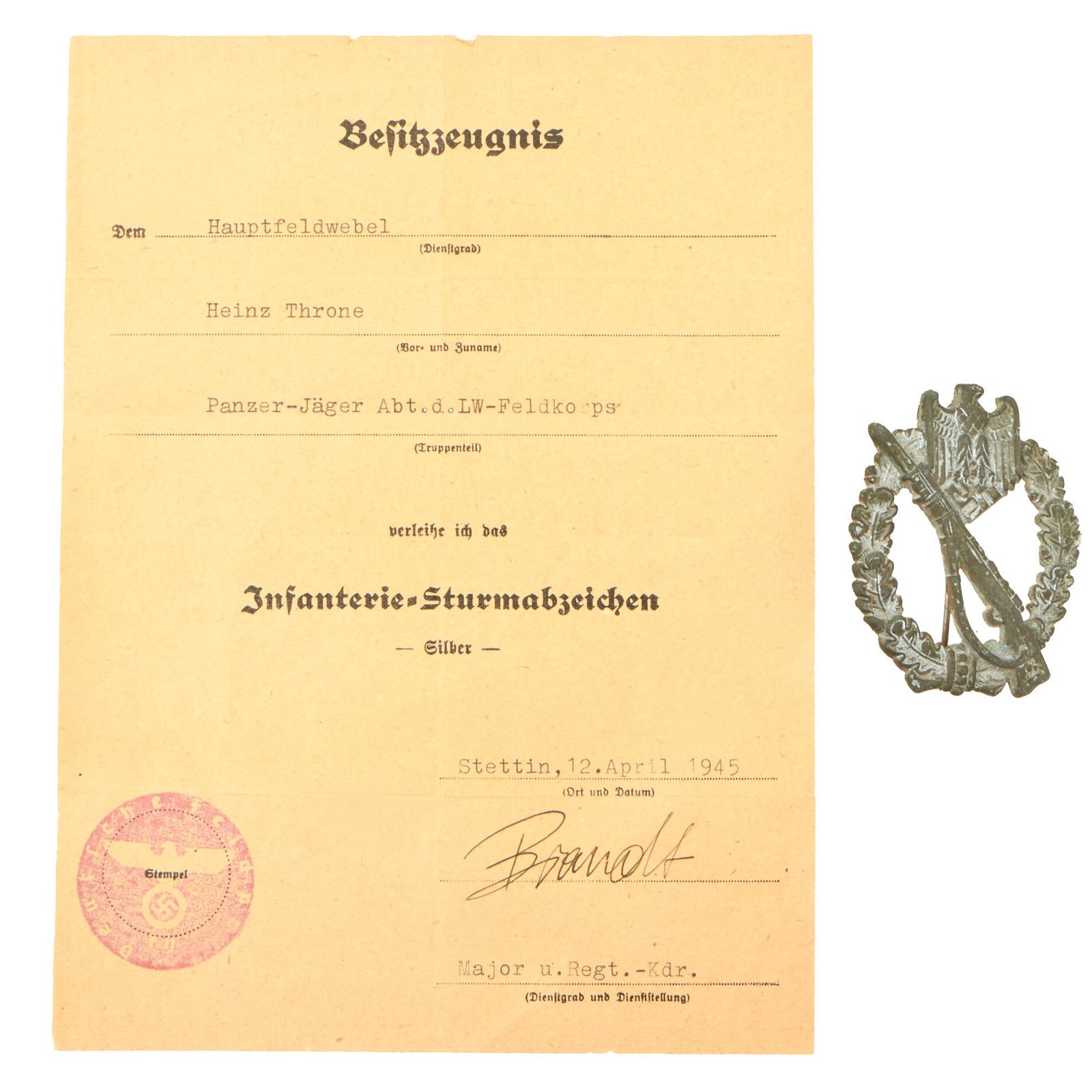Buy Original German WWII Silver Grade Infantry Assault Badge with Named Award Document - Luftwaffe Panzerjäger | Original Firearms Antique For Sale