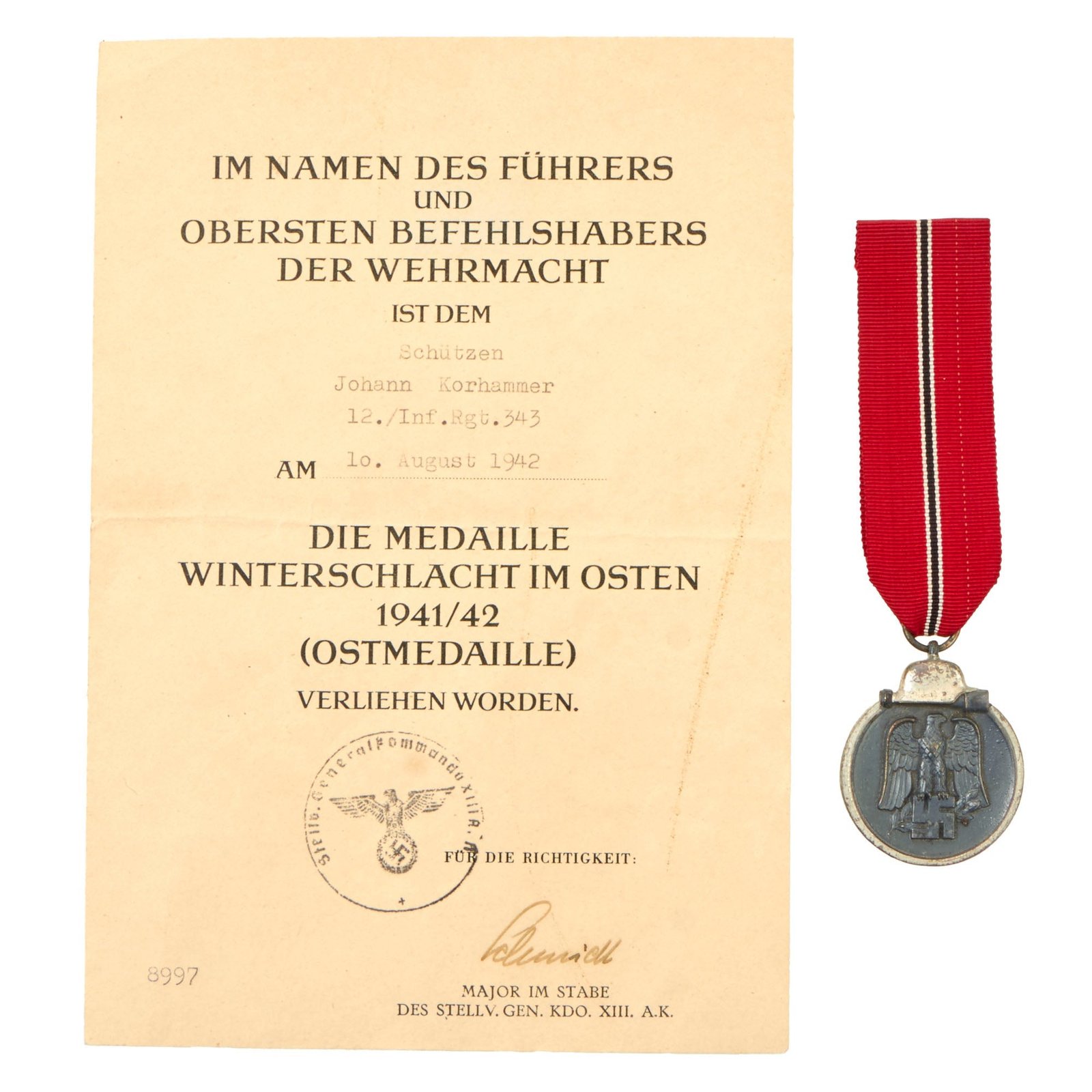 Buy Original German WWII Eastern Front Medal with Named Award Document & Ribbon - 343rd Infantry Regiment | Original Firearms Antique For Sale