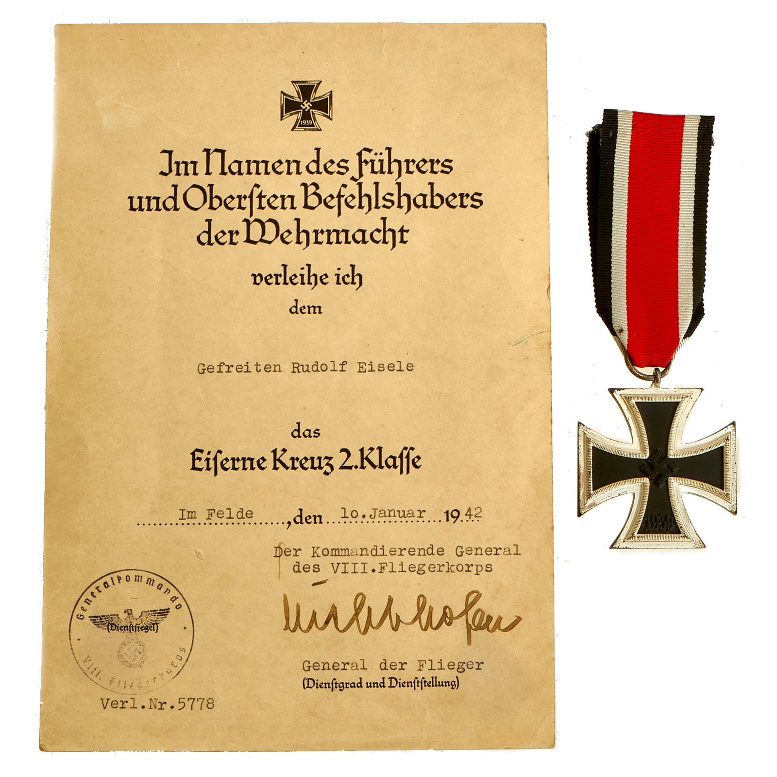 Buy Original German WWII Iron Cross 2nd Class 1939 with Named Award Document & Ribbon - EKII | Original Firearms Antique For Sale