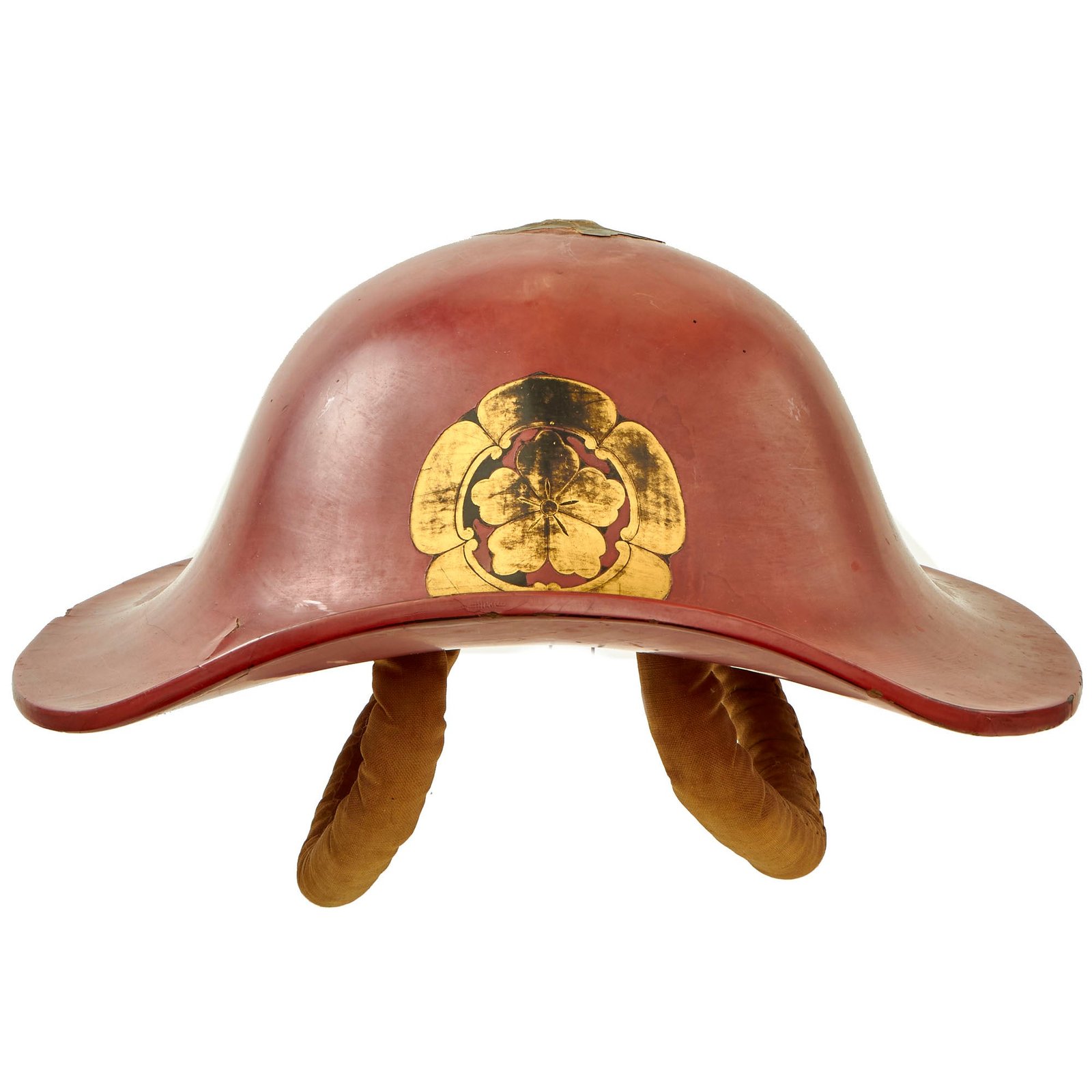 Buy Original Japanese Edo Period Red Lacquered Bajo Jingasa Helmet with Complete Liner & Family Crest | Original Firearms Antique For Sale