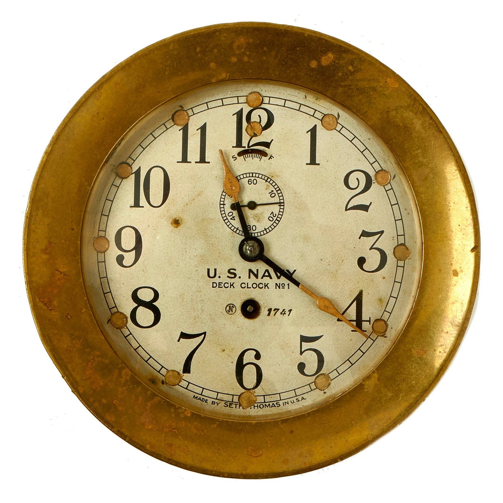 Buy Original Rare Pre-WWII U.S. Navy Brass Ship Clock by Seth Thomas With Winding Key - Fully Functional | Original Firearms Antique For Sale