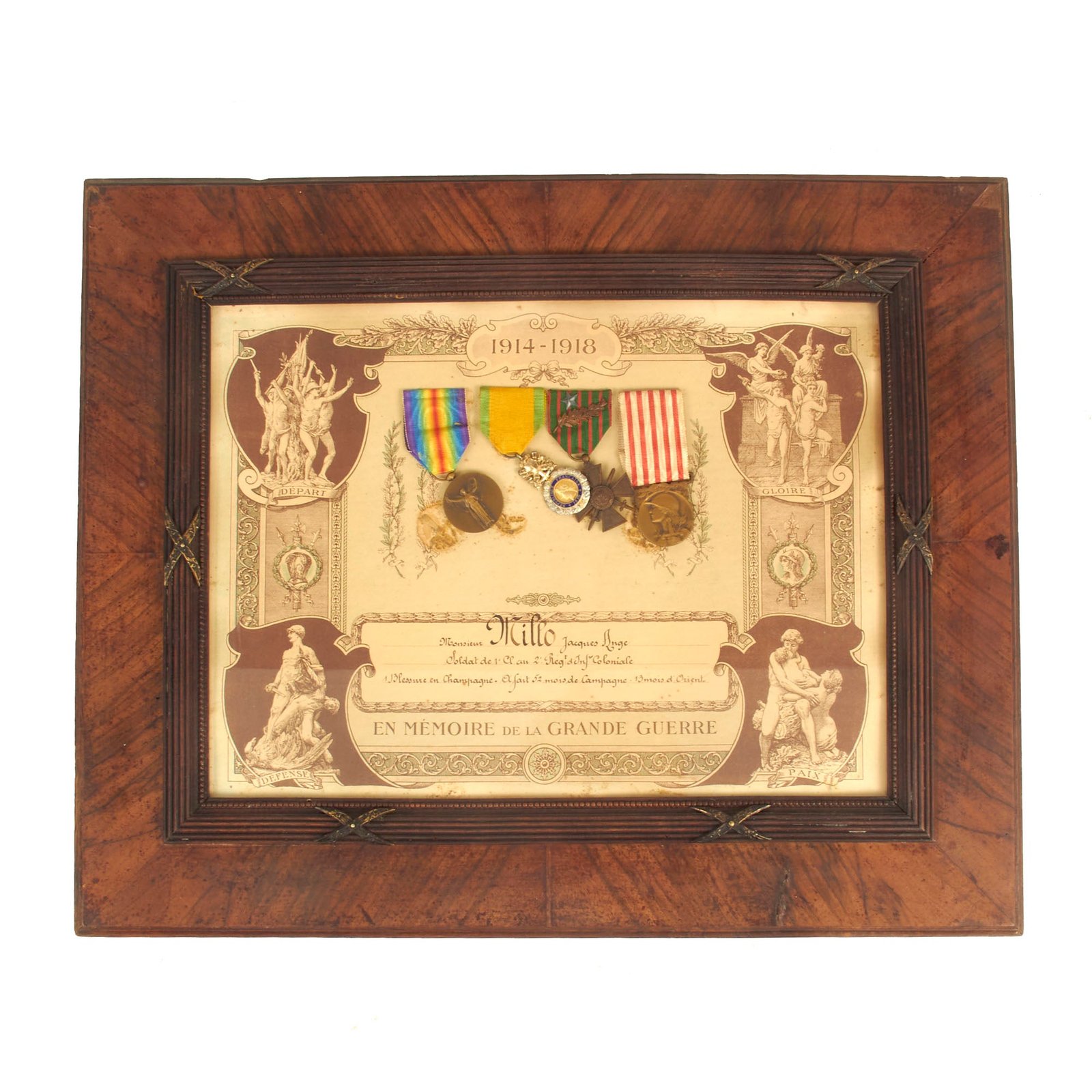 Buy Original French WWI Named and Framed “En Memoir de la Grande Guerre” 1914-1918 Service Certificate With (4) Medals Attached | Original Firearms Antique For Sale