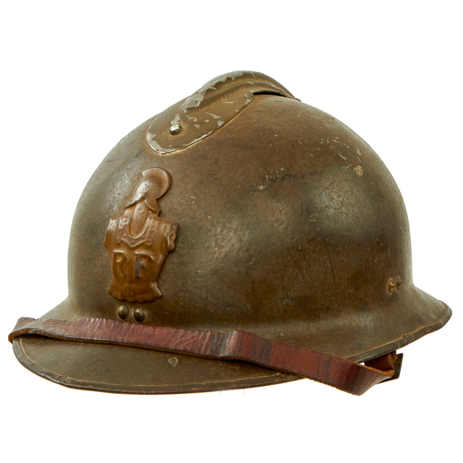 Buy Original WWII French Complete Model 1926 Adrian Engineer Helmet with Liner & Chinstrap - Olive Green | Original Firearms Antique For Sale