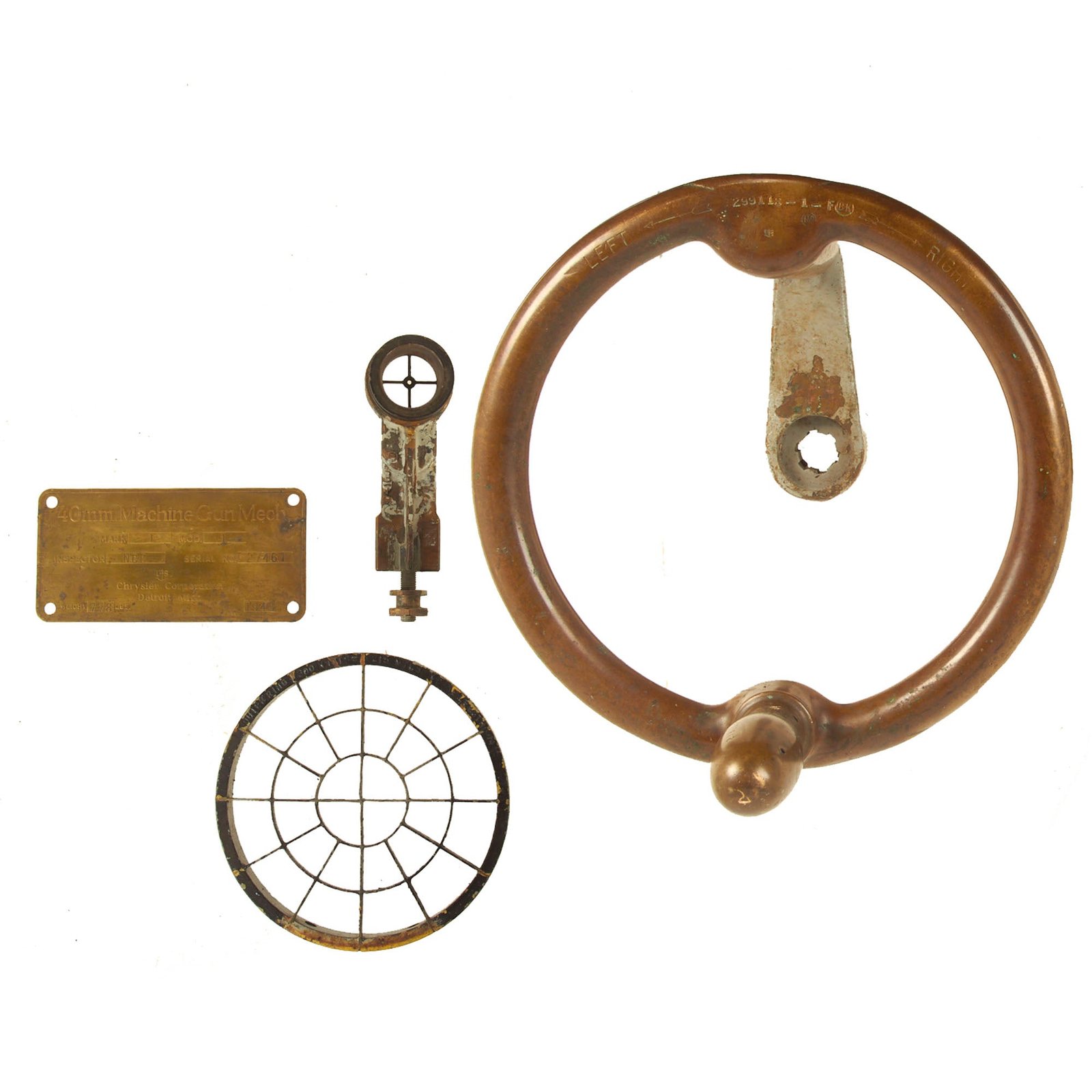 Buy Original U.S. WWII Bofors 40 mm L/60 Gun Pointer’s Handwheel, Front & Rear Sight With 1943 Dated Data Plate - 4 Items | Original Firearms Antique For Sale