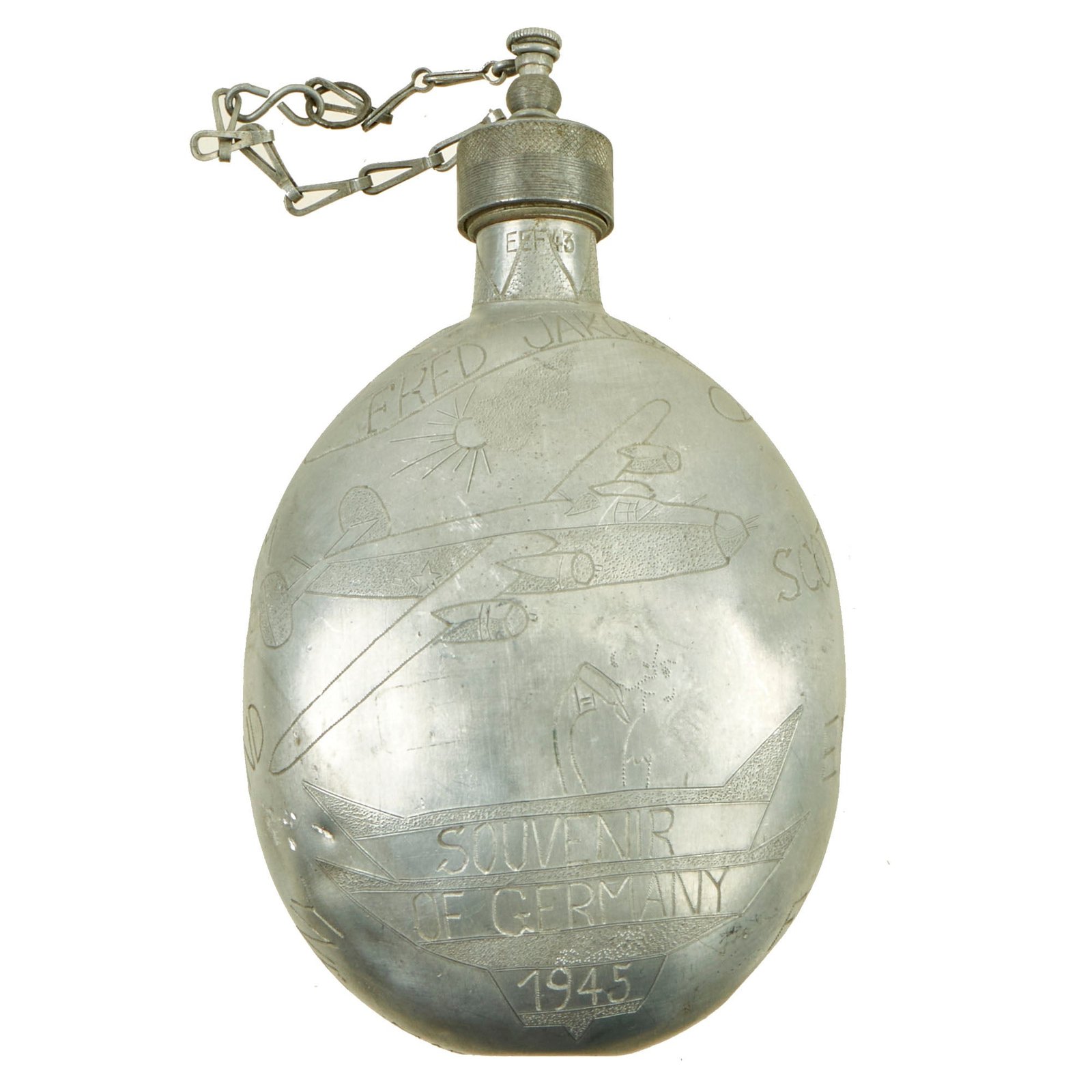 Buy Original U.S. WWII Captured German 1943 Dated M31 Aluminum Canteen With B-24 Bomber and Patriotic Artwork by “Fred Jakobs” - Canteen by Ewald Eigenbrod Aluminium-und Metallwarenfabrik, Freiling. | Original Firearms Antique For Sale
