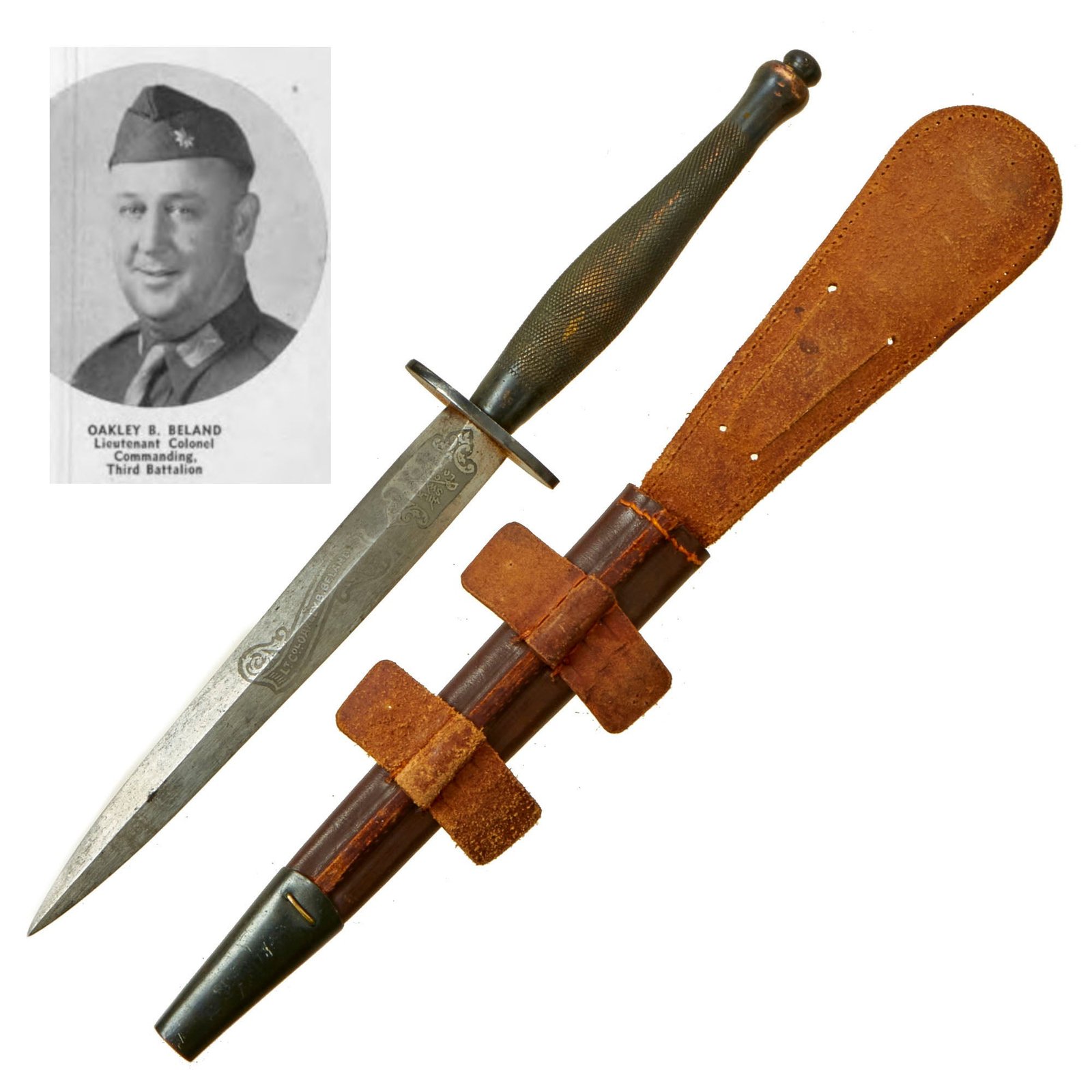 Buy Original U.S. WWII US Army “Presentation” British Second Pattern Fairbairn-Sykes Fighting Knife by Wilkinson with Sheath  - Presented to Lt. Col. Oakley Beland, 30th Infantry Division | Original Firearms Antique For Sale