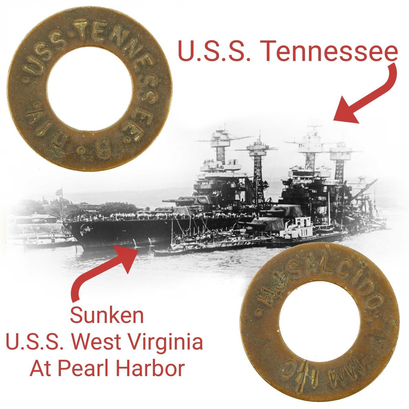 Buy Original U.S. WWII “Navy Brass” Washer Recovered From U.S.S. Tennessee (BB-43) During Repairs After Attack on Pearl Harbor - Recovered by MM1 H.J. Salcido | Original Firearms Antique For Sale