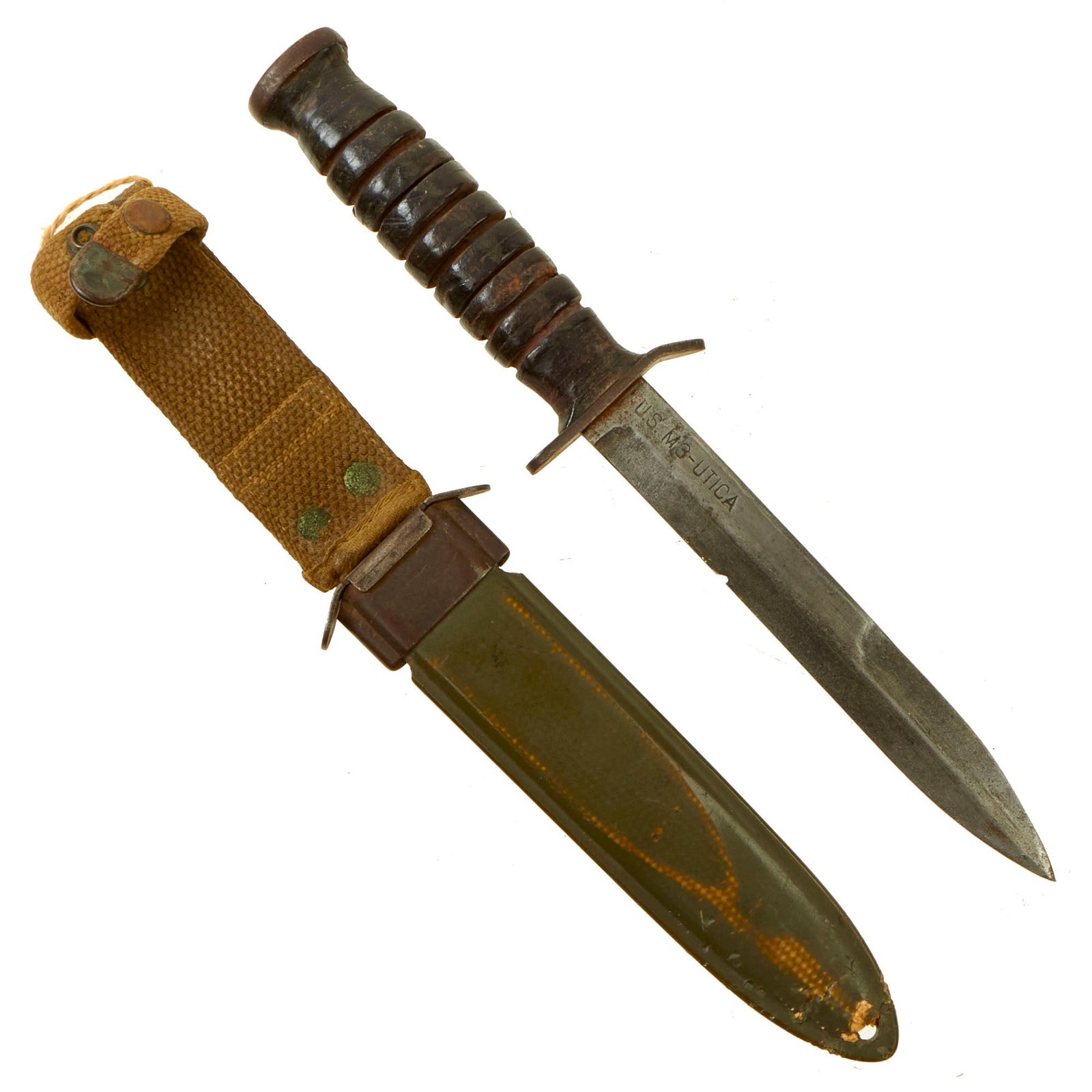 Buy Original U.S. WWII Blade Marked M3 Fighting Knife by UTICA Cutlery Co. with M8 Scabbard | Original Firearms Antique For Sale