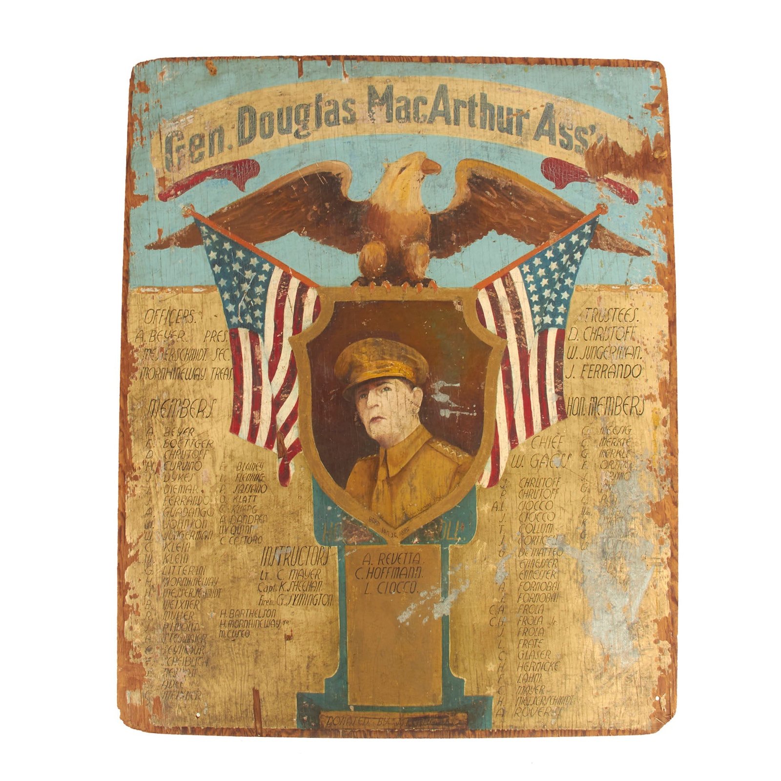 Buy Original U.S. WWII Era General Douglas MacArthur Association” Hand Painted Wood Sign by John Landgraf in 1942 - 44” x 36” | Original Firearms Antique For Sale
