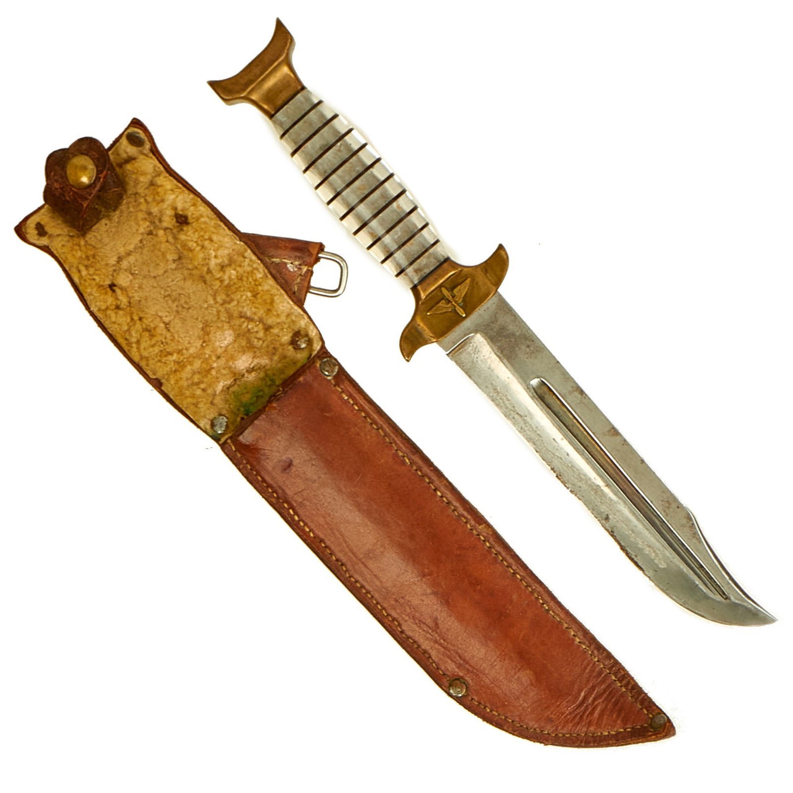 Buy Original U.S. WWII Era US Army Air Corps Bowie Style Theater Made Knife With Brass Insignia and Leather Sheath | Original Firearms Antique For Sale