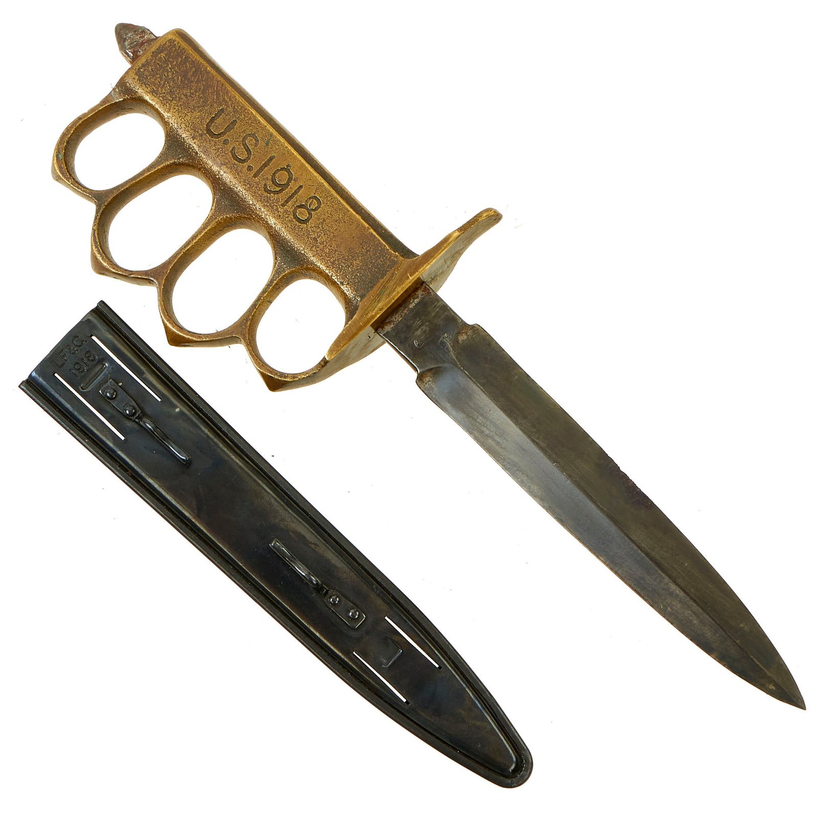 Buy Original U.S. WWI & WWII Reissued Paratrooper Modified M1918 Mark I Trench Knife by AU LION with Steel Scabbard | Original Firearms Antique For Sale