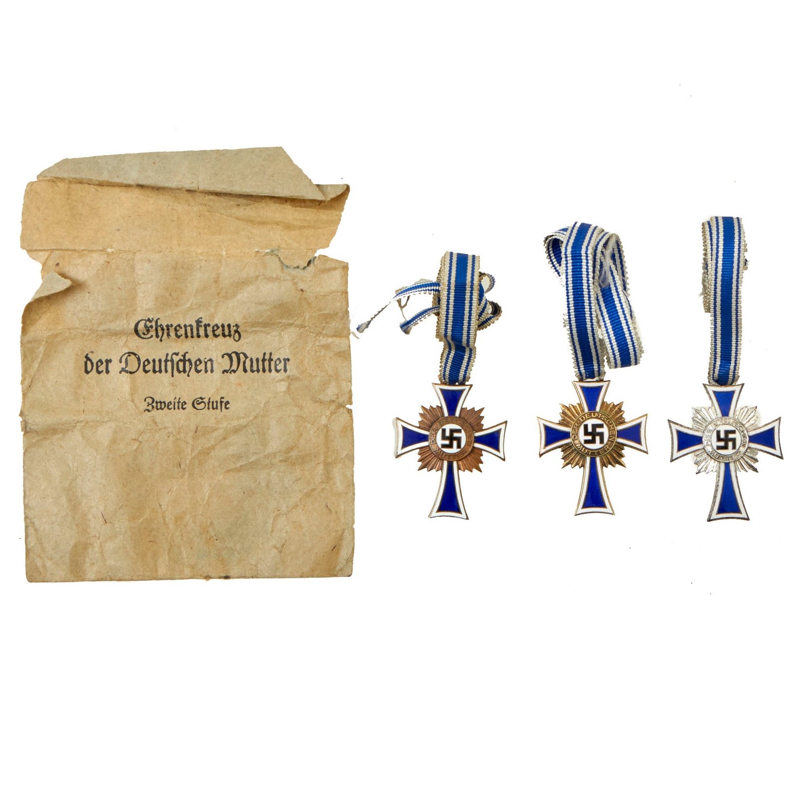 Buy Original German WWII Mother’s Cross Set with Award Envelope - (1) Gold (1) Silver (1) Bronze - Cross of Honor of the German Mother | Original Firearms Antique For Sale