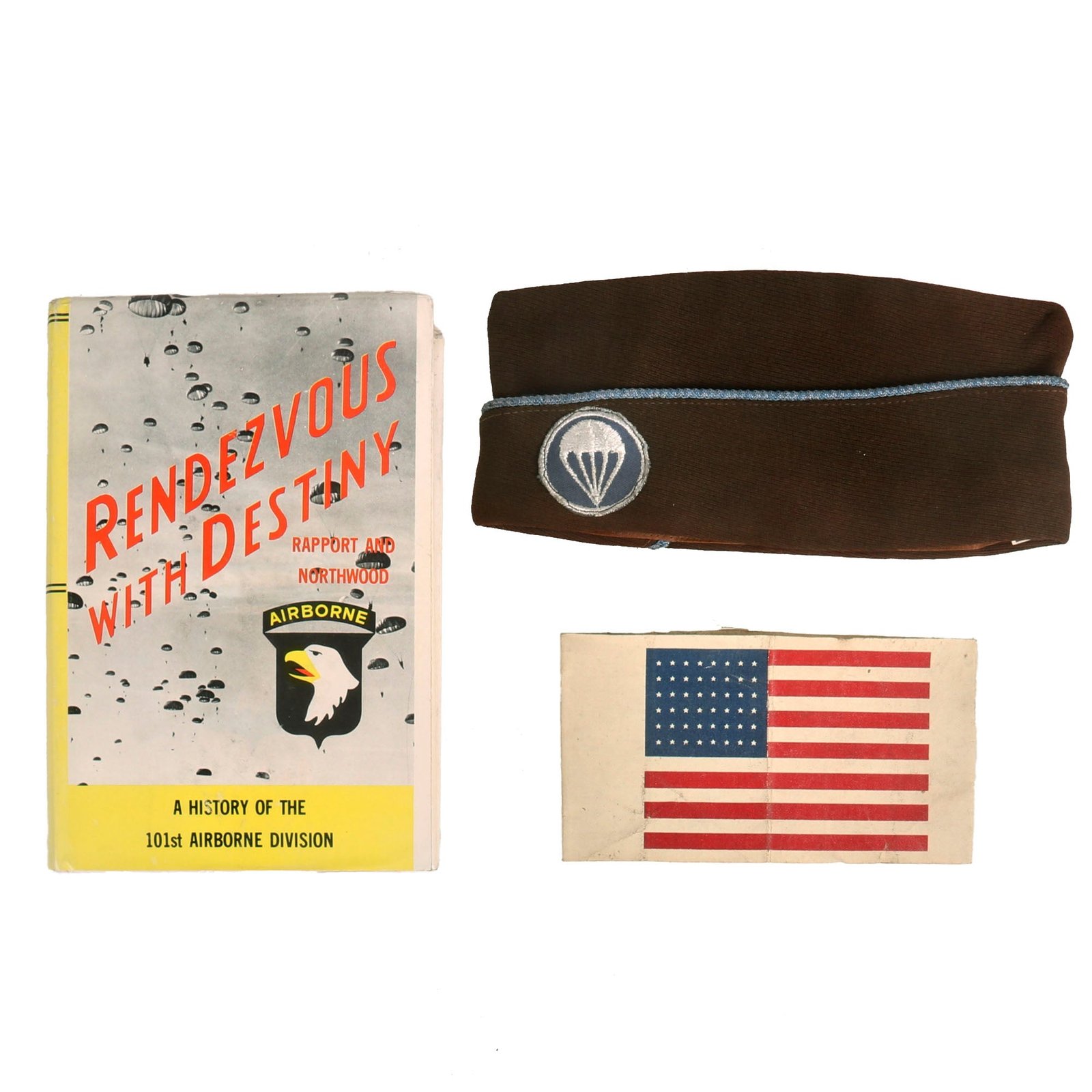 Buy Original U.S. WWII 101st Airborne D-Day Invasion American Flag Oilcloth Armband With Overseas Cap and Book, Attributed to POW George Rosie - “The Only American to be Promoted While in a POW Camp” | Original Firearms Antique For Sale
