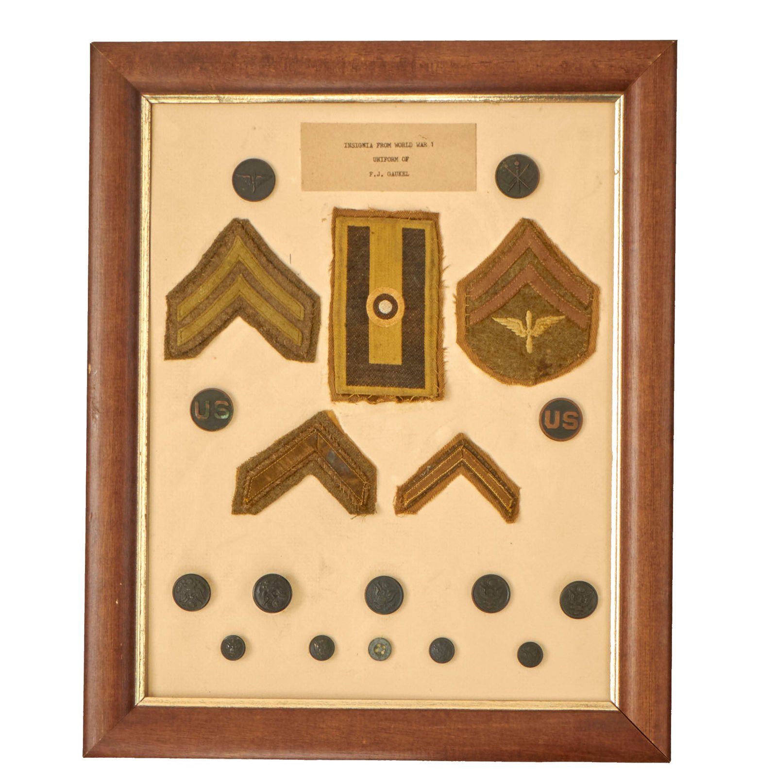 Buy Original U.S. WWI First Army Air Service, Photo Section No. 15 Uniform and Insignia Lot For Corporal Frank J. Gaukel, Photographer - 13 ½” x 16 ½”, Framed | Original Firearms Antique For Sale