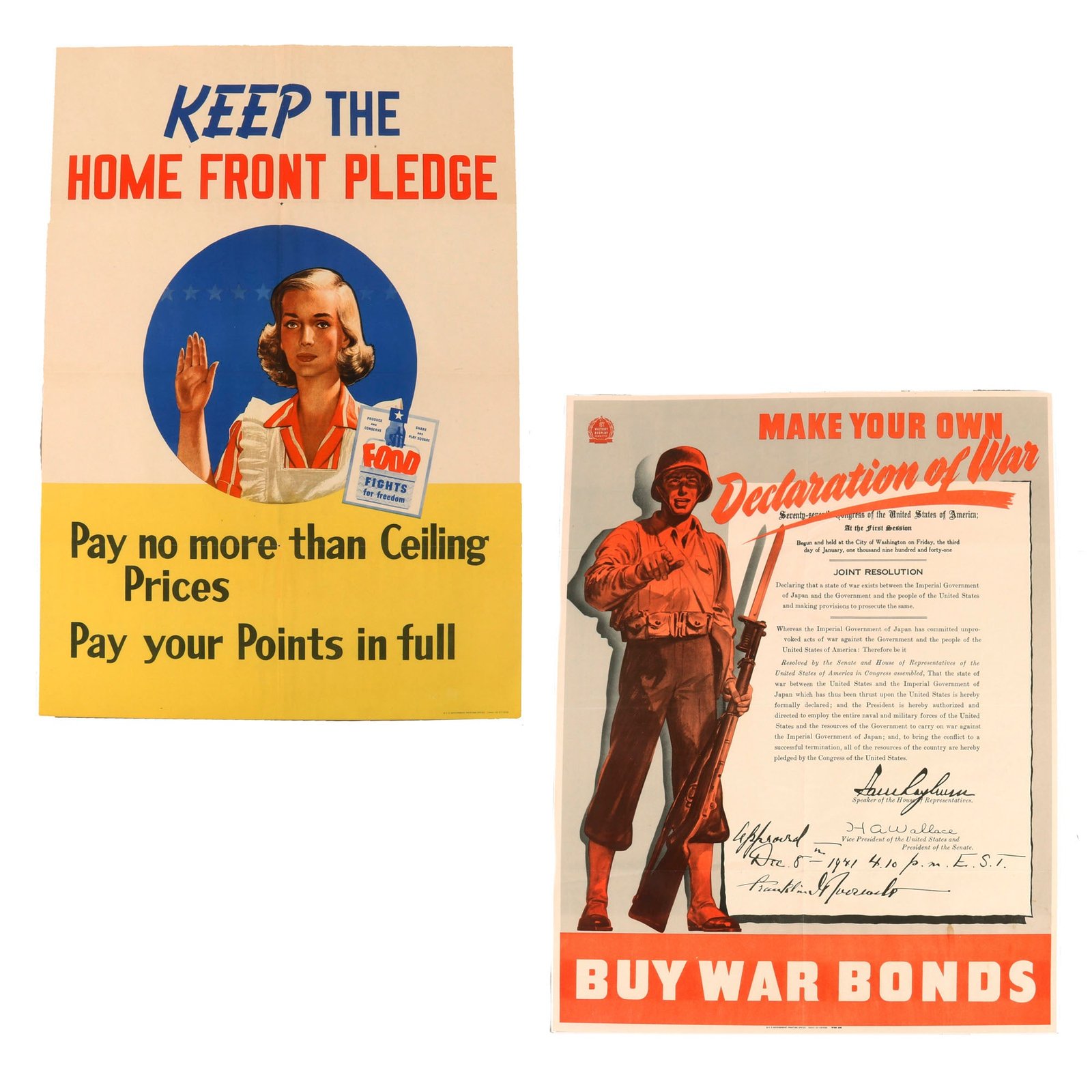 Buy Original U.S. WWII Set of 2 Propaganda Posters: Make Your Own Declaration of War & Keep the Home Front Pledge | Original Firearms Antique For Sale