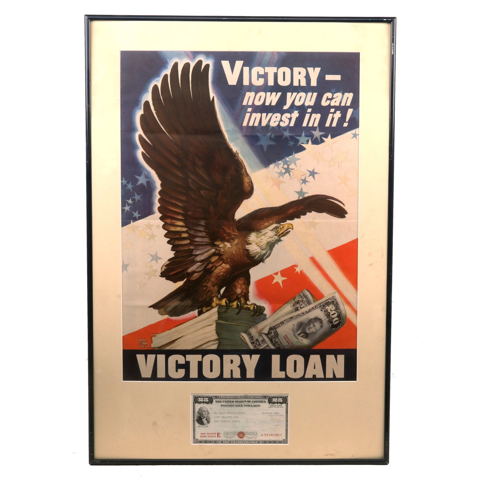 Buy Original U.S. WWII Framed “Victory - Now you can Invest in it!” Loan Propaganda Poster with Real War Savings Bond - No Glass - 23¼ x 34¼” | Original Firearms Antique For Sale