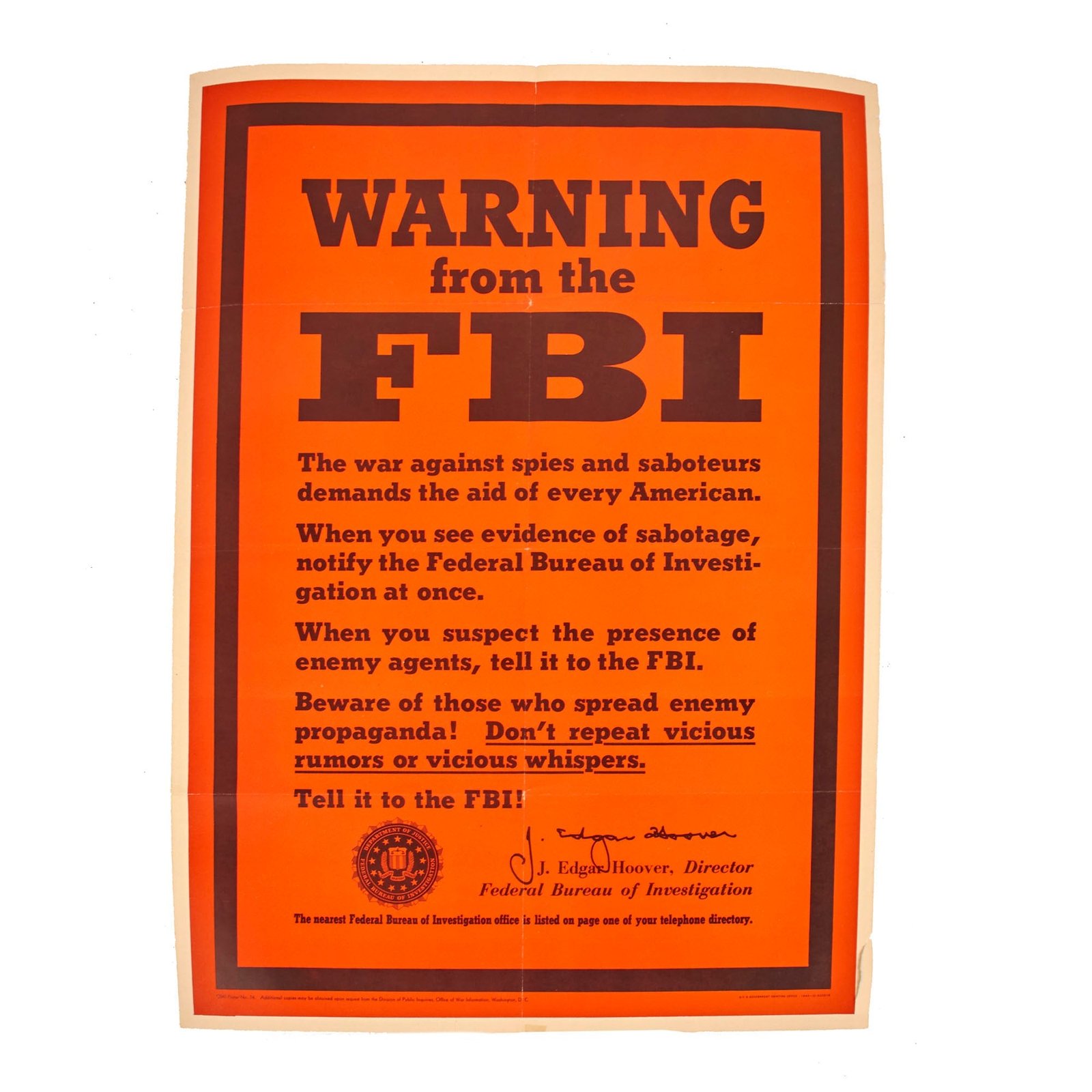 Buy Original U.S. WWII Federal Bureau of Investigation Spies and Saboteurs Warning Poster With Message from J. Edgar Hoover - 20” x 28” | Original Firearms Antique For Sale