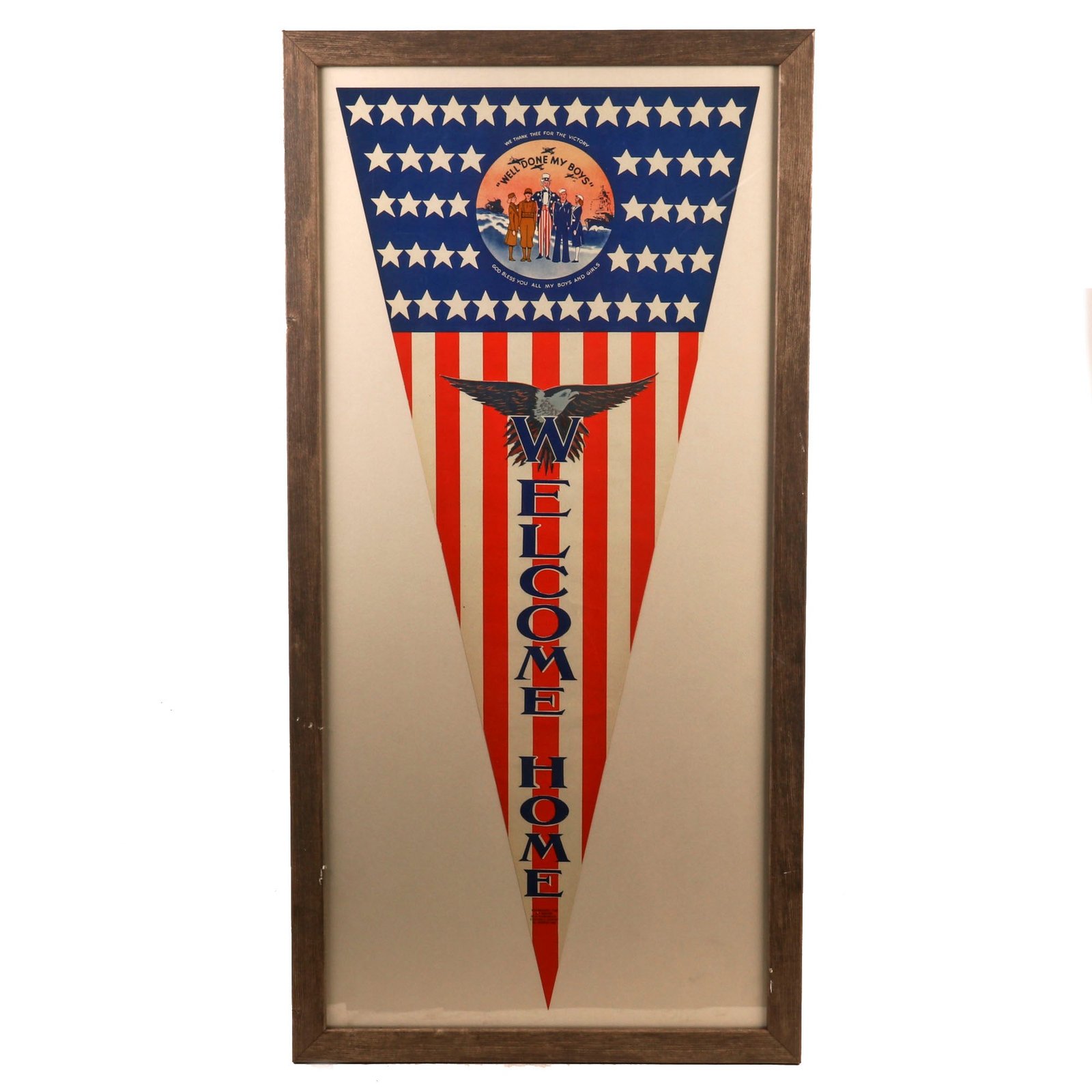Buy Original U.S. WWII Framed Welcome Home Paper Pennant “Well Done My Boys” Uncle Sam - 19 x 38” | Original Firearms Antique For Sale
