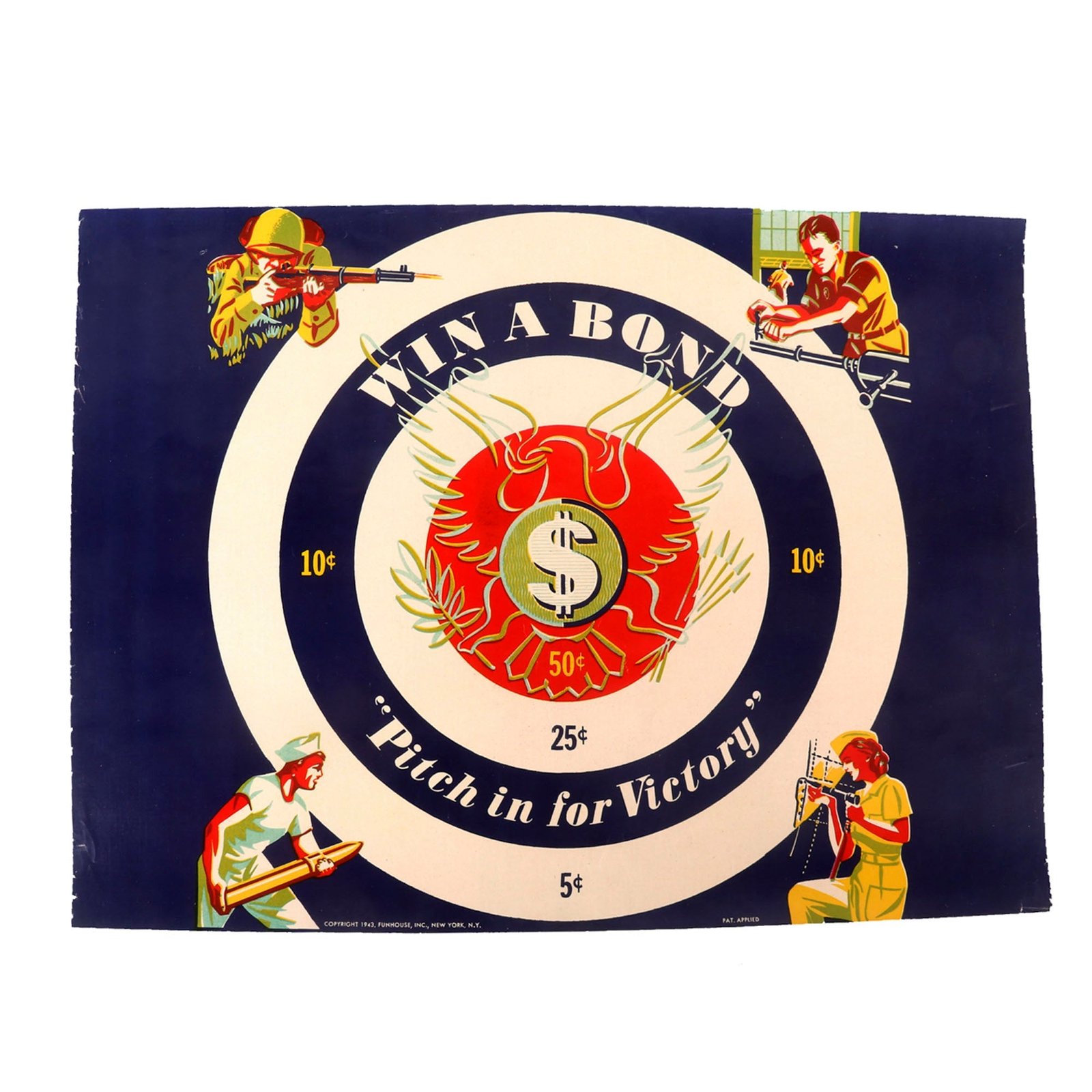 Buy Original U.S. WWII Homefront Win-a-Bond Bullseye Poster - “Pitch in for Victory” - Dated 1943 - 14½ x 20” | Original Firearms Antique For Sale