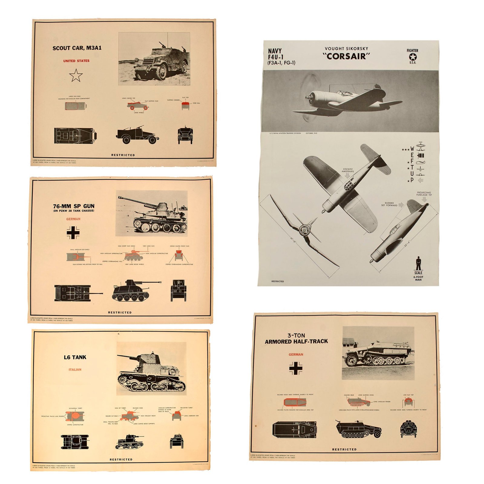 Buy Original U.S. WWII Armored Vehicle Silhouette Recognition Poster Set of 5 - 24” x 19” | Original Firearms Antique For Sale