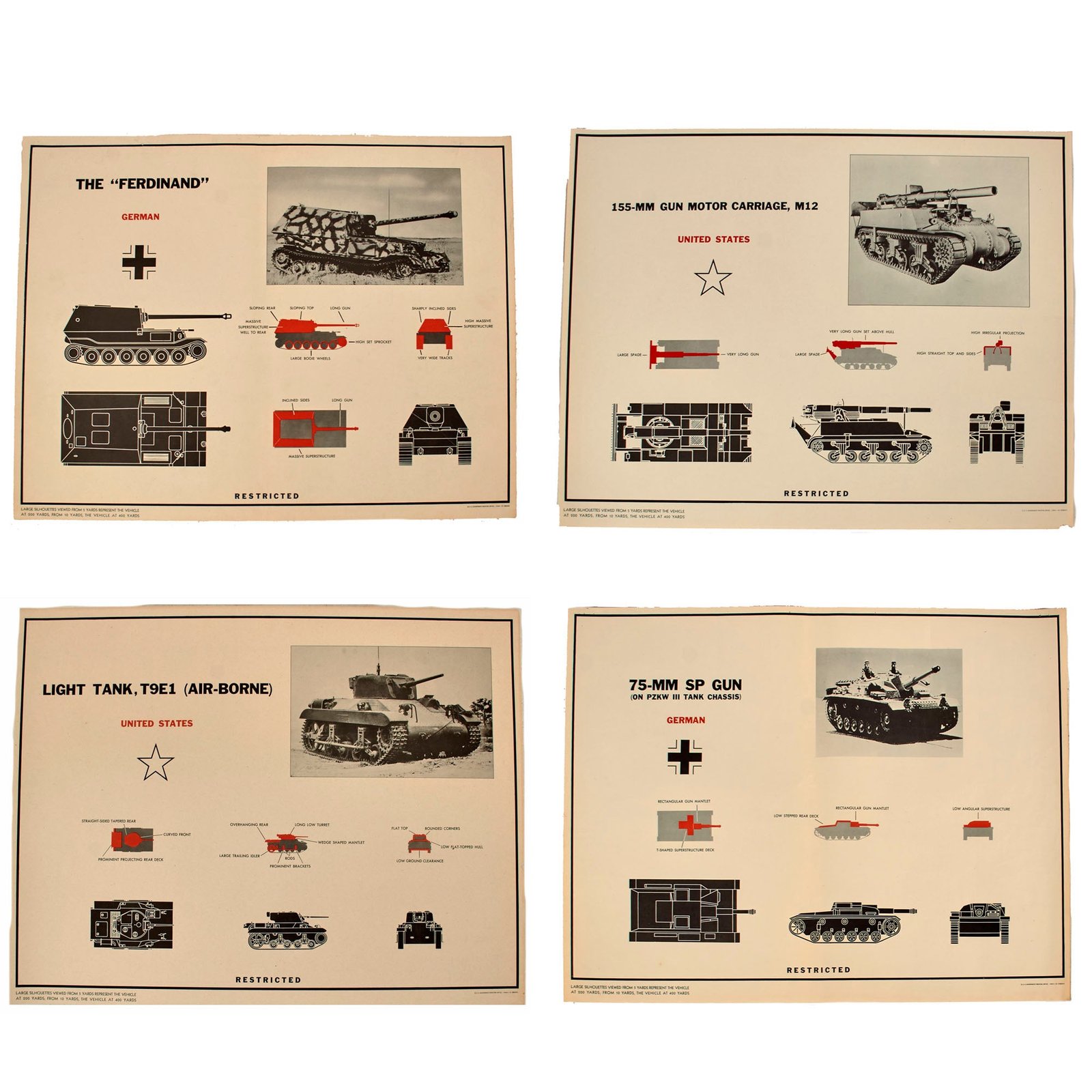 Buy Original U.S. WWII Armored Vehicle Silhouette Recognition Poster Set of 4 - 24” x 19” | Original Firearms Antique For Sale