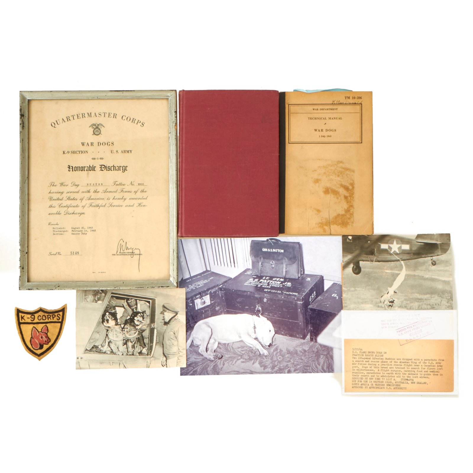 Buy Original U.S. WWII K-9 Corps War Dog Technical Manual, Discharge Paperwork and Photo Grouping For Sentry Duty K9 “Buster” | Original Firearms Antique For Sale