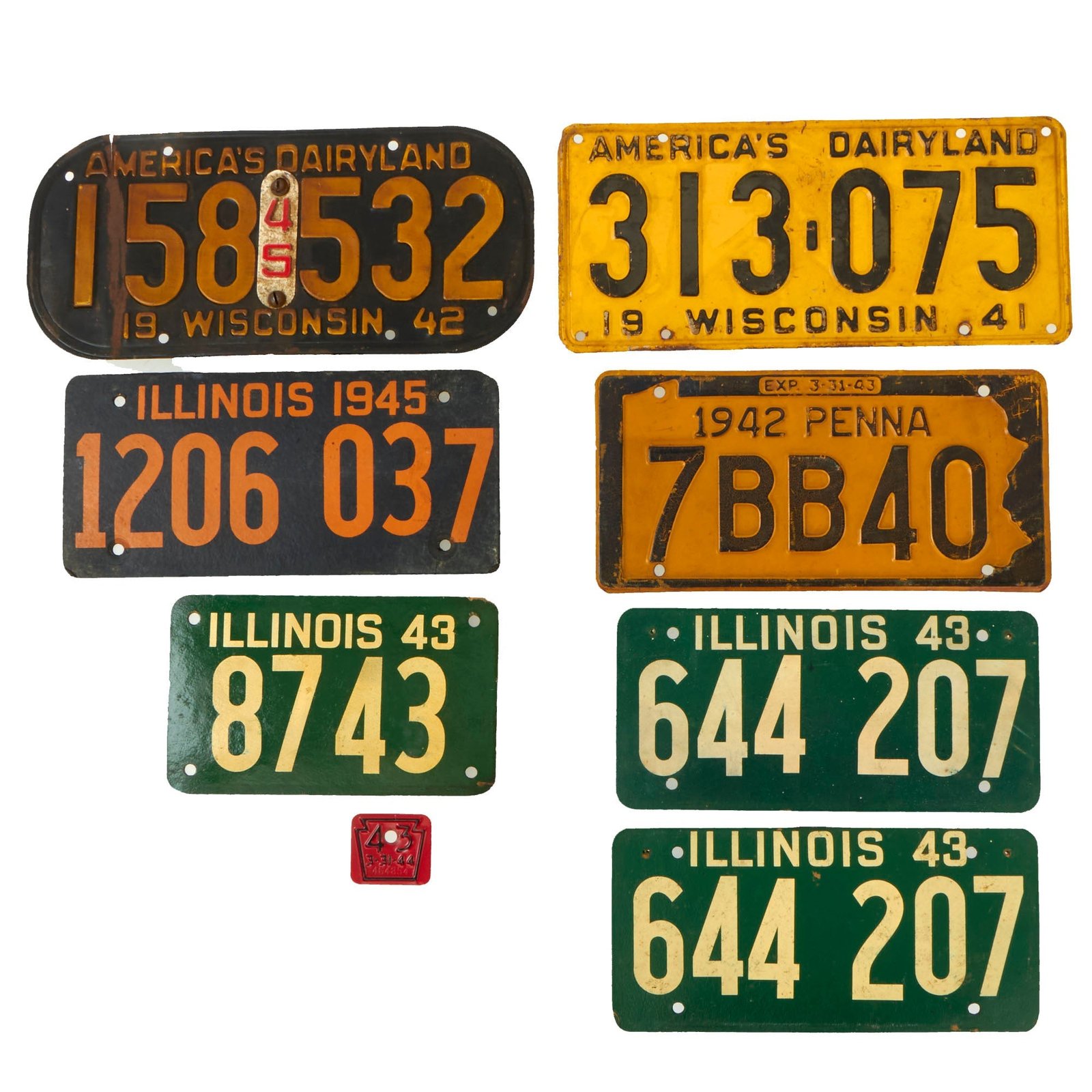 Buy Original U.S. WWII Homefront War Effort Replacement Material License Plate Lot of 7 - Illinois, Wisconsin and Pennsylvania | Original Firearms Antique For Sale