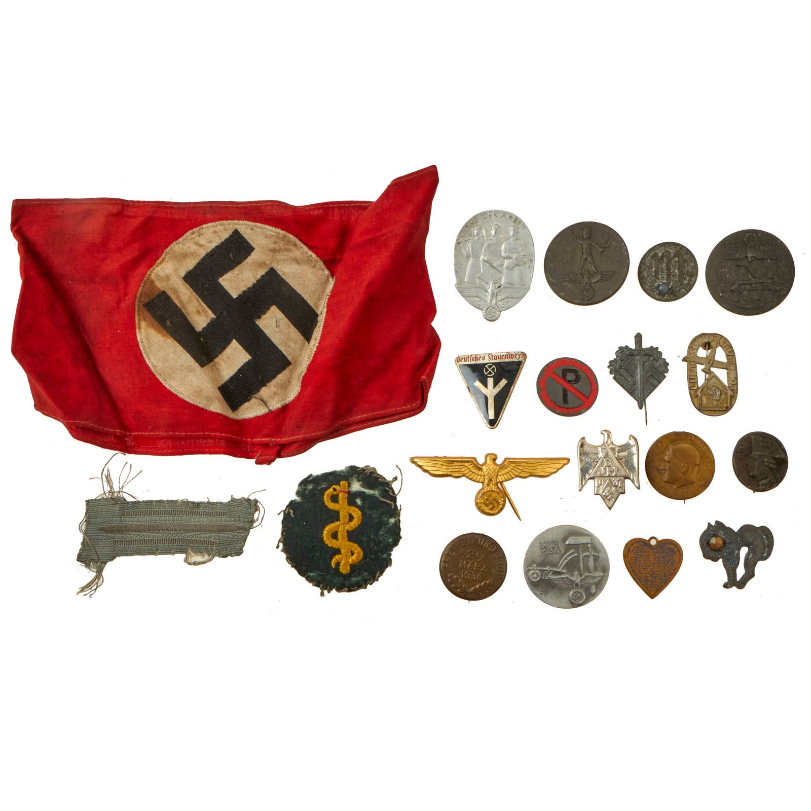 Buy Original German WWII USGI Bring Back Tinnie & Insignia Grouping with NSDAP Armband - 19 Items | Original Firearms Antique For Sale