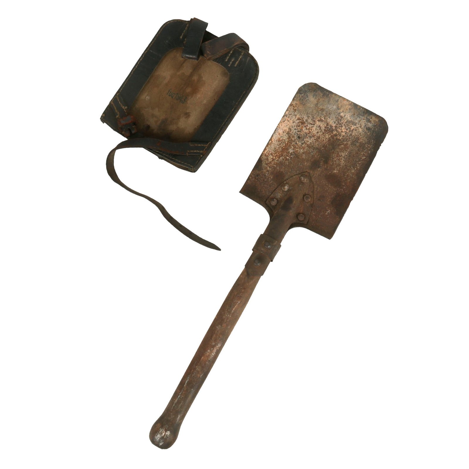 Buy Original German WWII Square Head Entrenching Tool With Preßstoff Carrier by Cottbusser Lederwarenwerk Curt Vogel dated 1943 - Schanzzeug | Original Firearms Antique For Sale