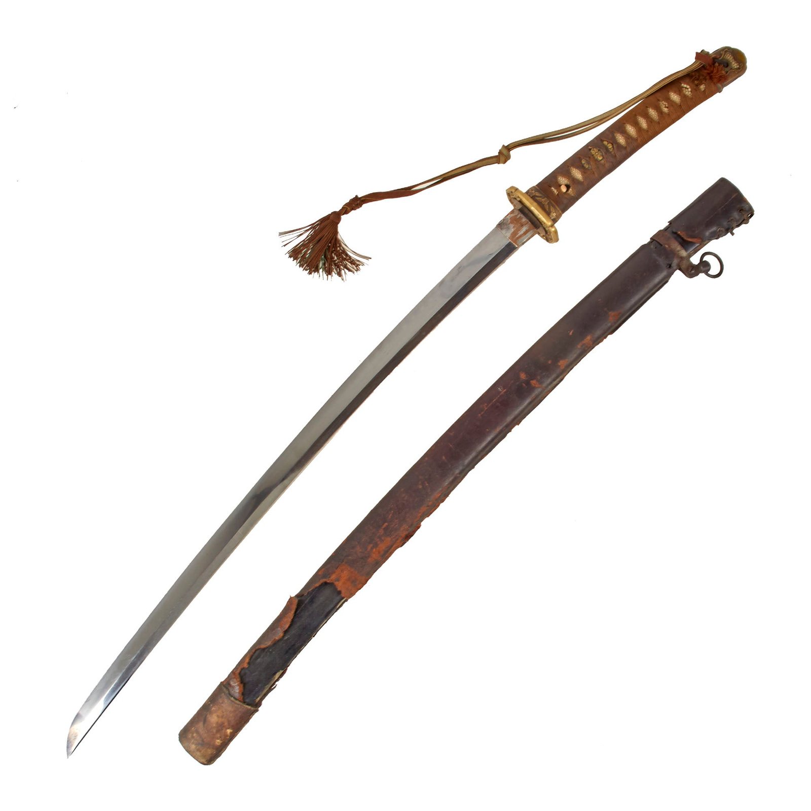 Original Japanese WWII Type 98 Shin-Gunto Katana Sword by KANEMASA with Leather Covered Wood Scabbard and Company Grade Tassel