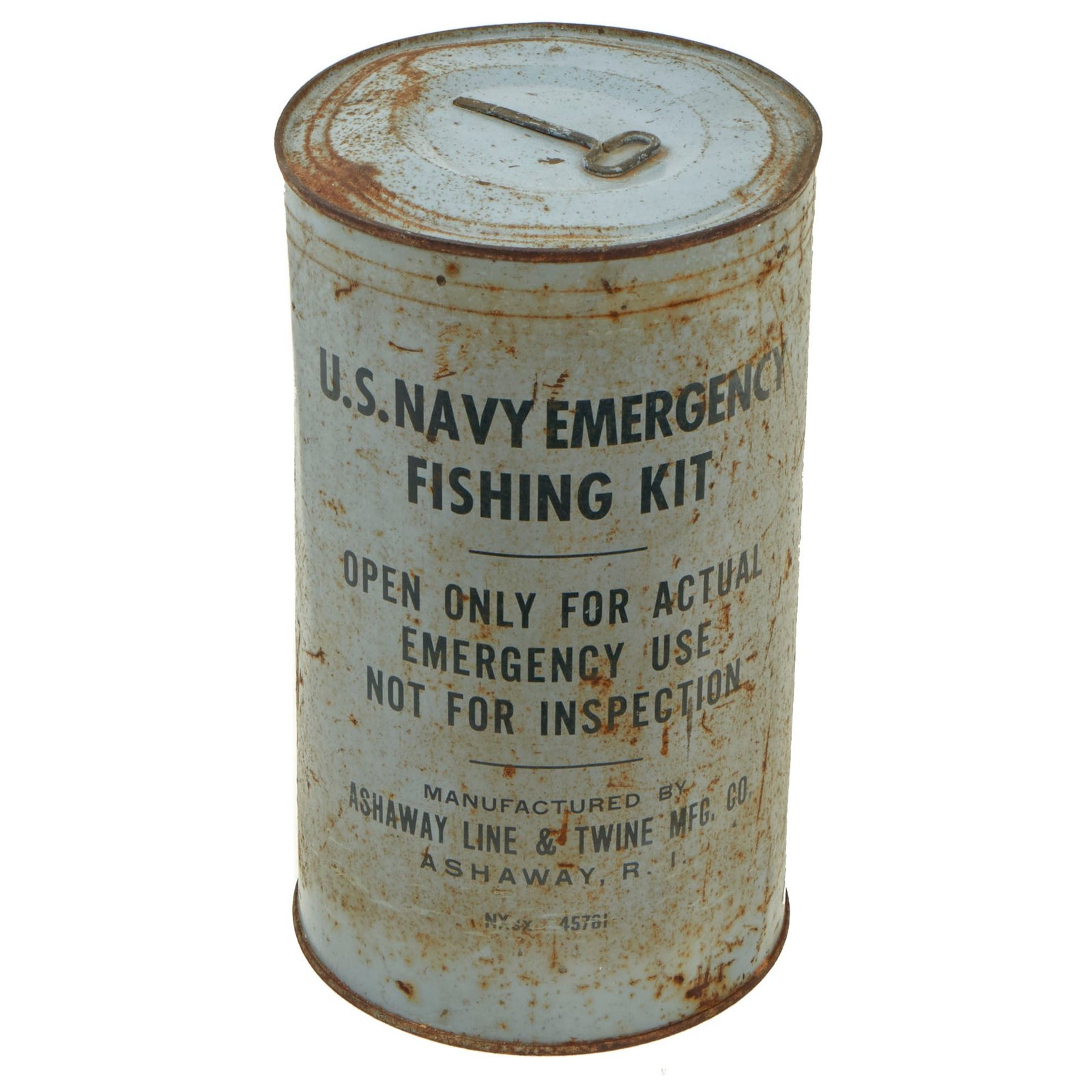 Buy Original WWII U.S. Navy Emergency Fishing Kit No.5 by Ashaway Line & Twine Mfg. Co. Still Sealed In Original Can With Key | Original Firearms Antique For Sale