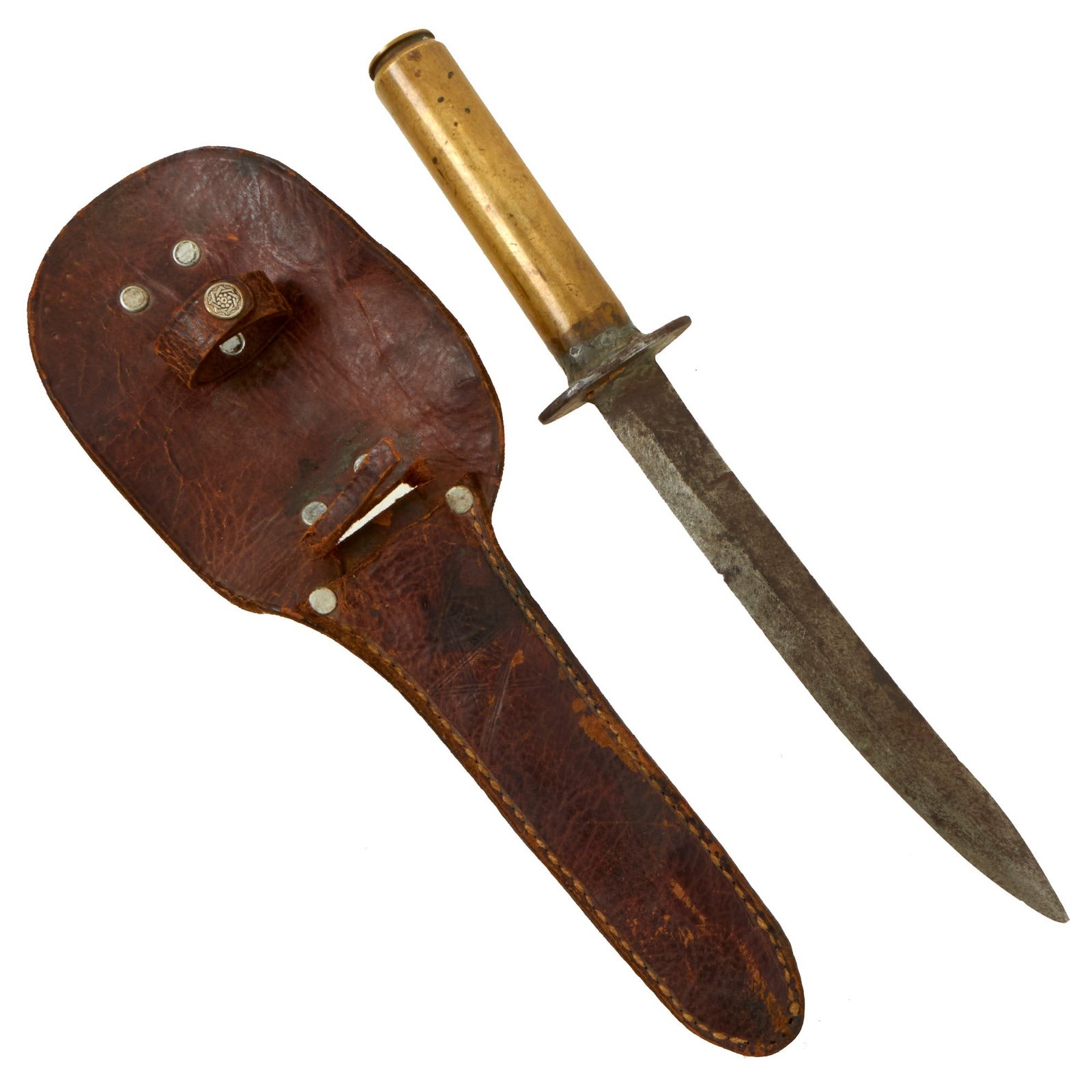 Buy Original U.S. WWII Theater Made Fighting Knife With Spent 20mm Shell Casing Handle and  Leather Scabbard | Original Firearms Antique For Sale