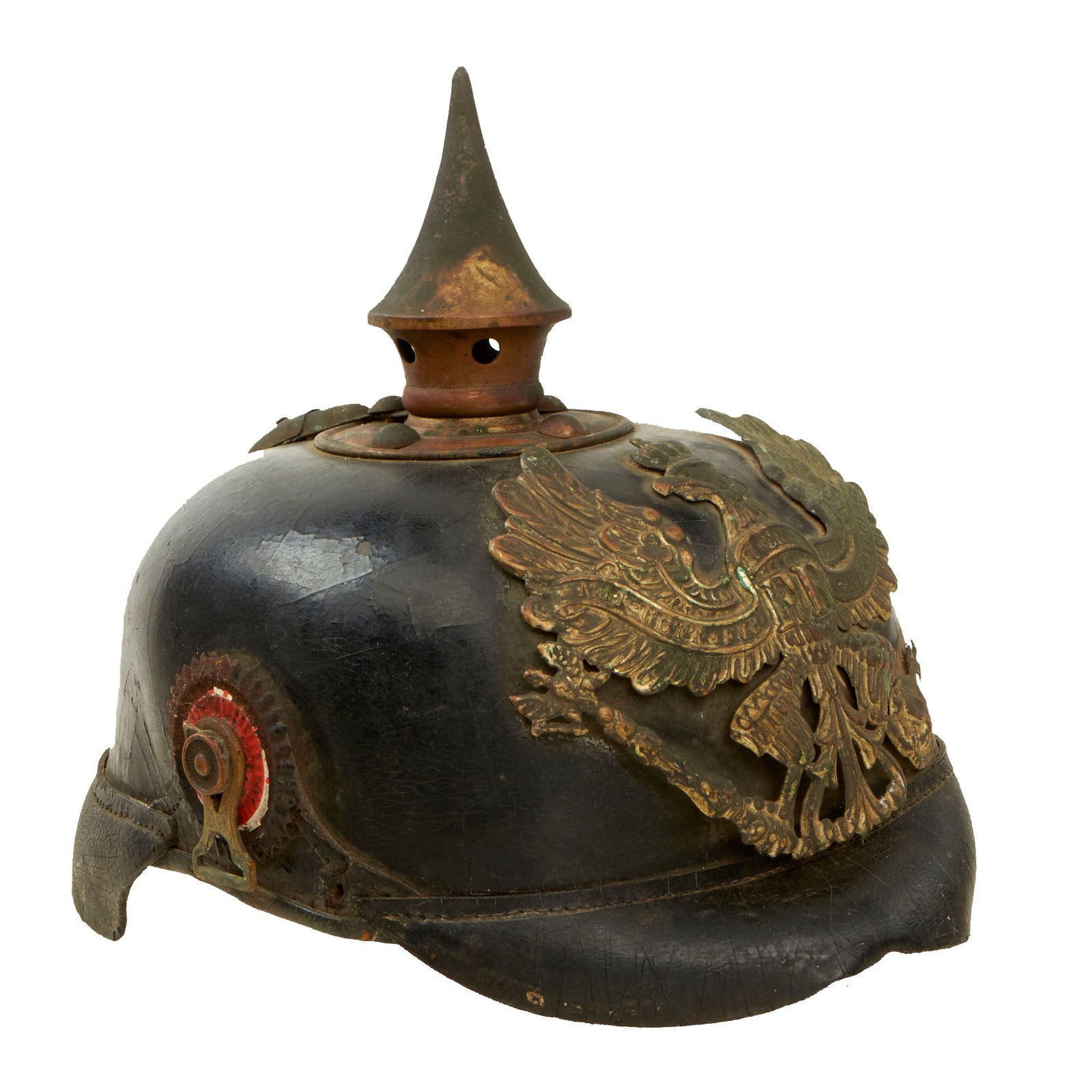Buy Original German WWI Named & Unit-Marked Prussian M1895 Pickelhaube Spiked Helmet with Original Cockades and Broken Chinstrap - Marked to 30th Pioneer Regiment - Size 57 | Original Firearms Antique For Sale