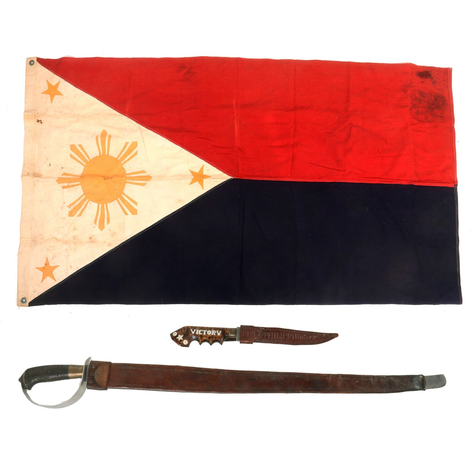 Buy Original U.S. WWII Philippines Bring Back Flag, Guerilla Sword and Knife Grouping - (3) Items | Original Firearms Antique For Sale