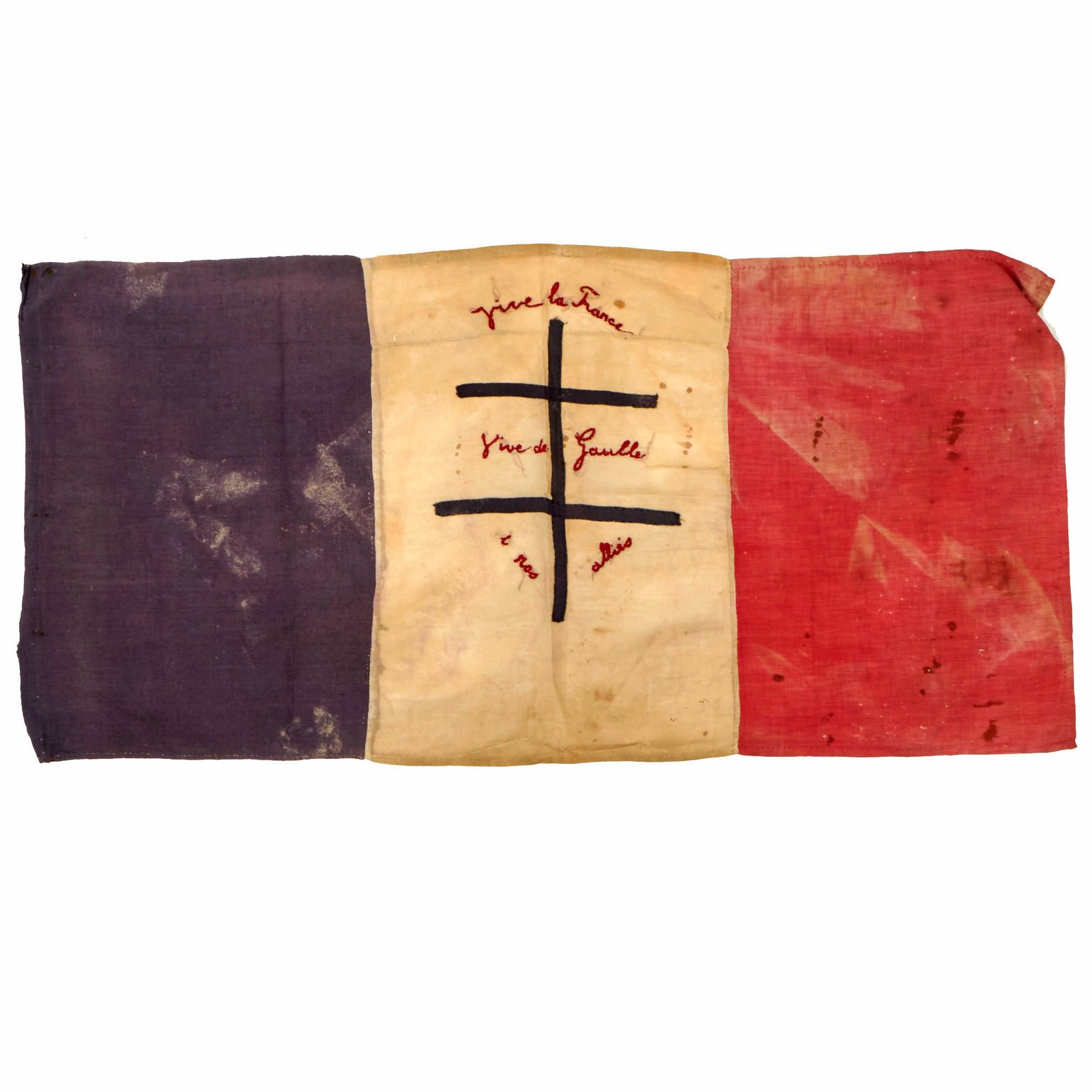 Buy Original France WWII Free French Cross of Lorraine Flag Embroidered With “Vive La France, Vive De Gaulle et nos Allies” - 42” x 21” | Original Firearms Antique For Sale