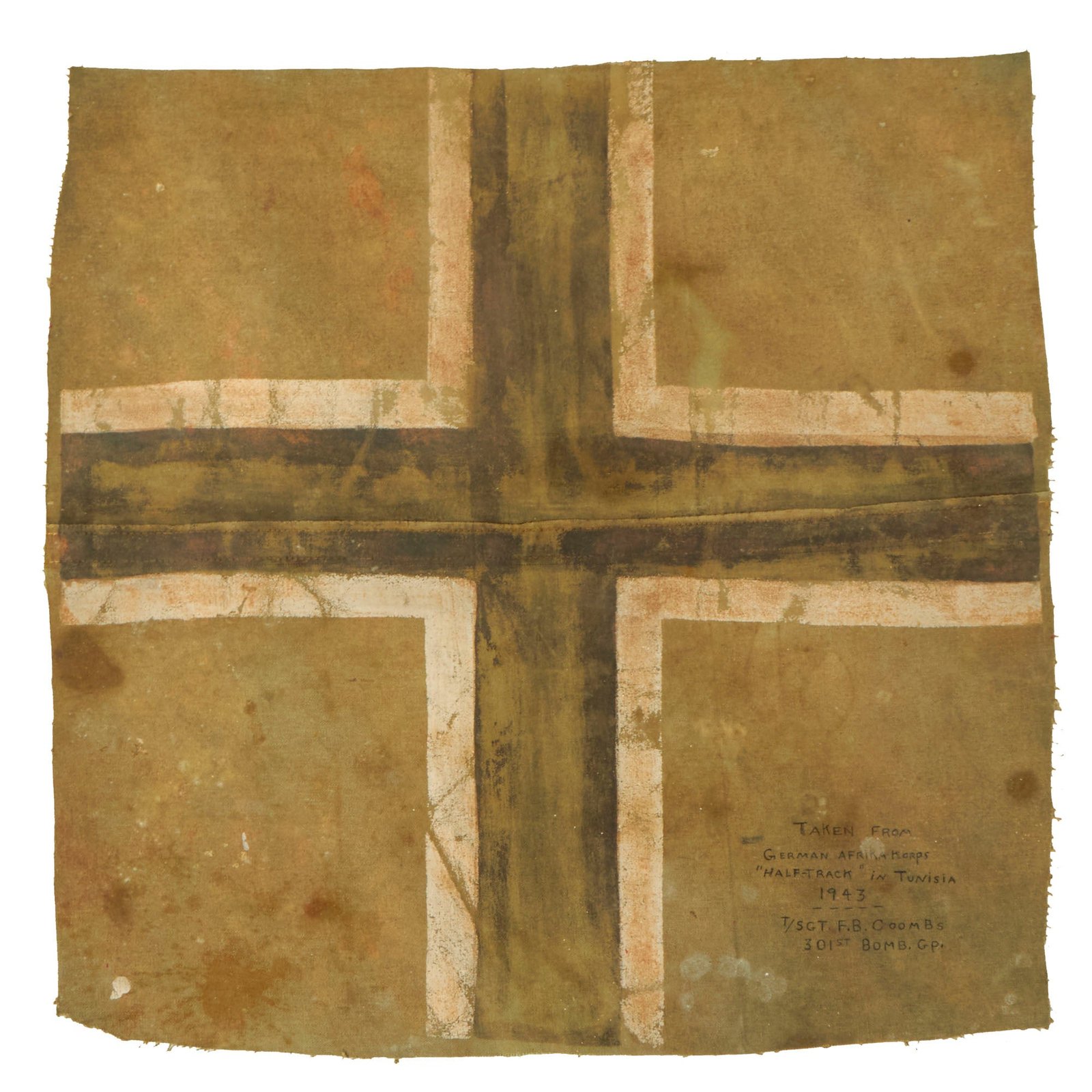 Buy Original German WWII DAK Half-track Canvas Cover Balkankreuz Insignia Captured in Tunisia 1943 by T/Sgt. Francis B. Coombs, 301st Bomb. Group | Original Firearms Antique For Sale