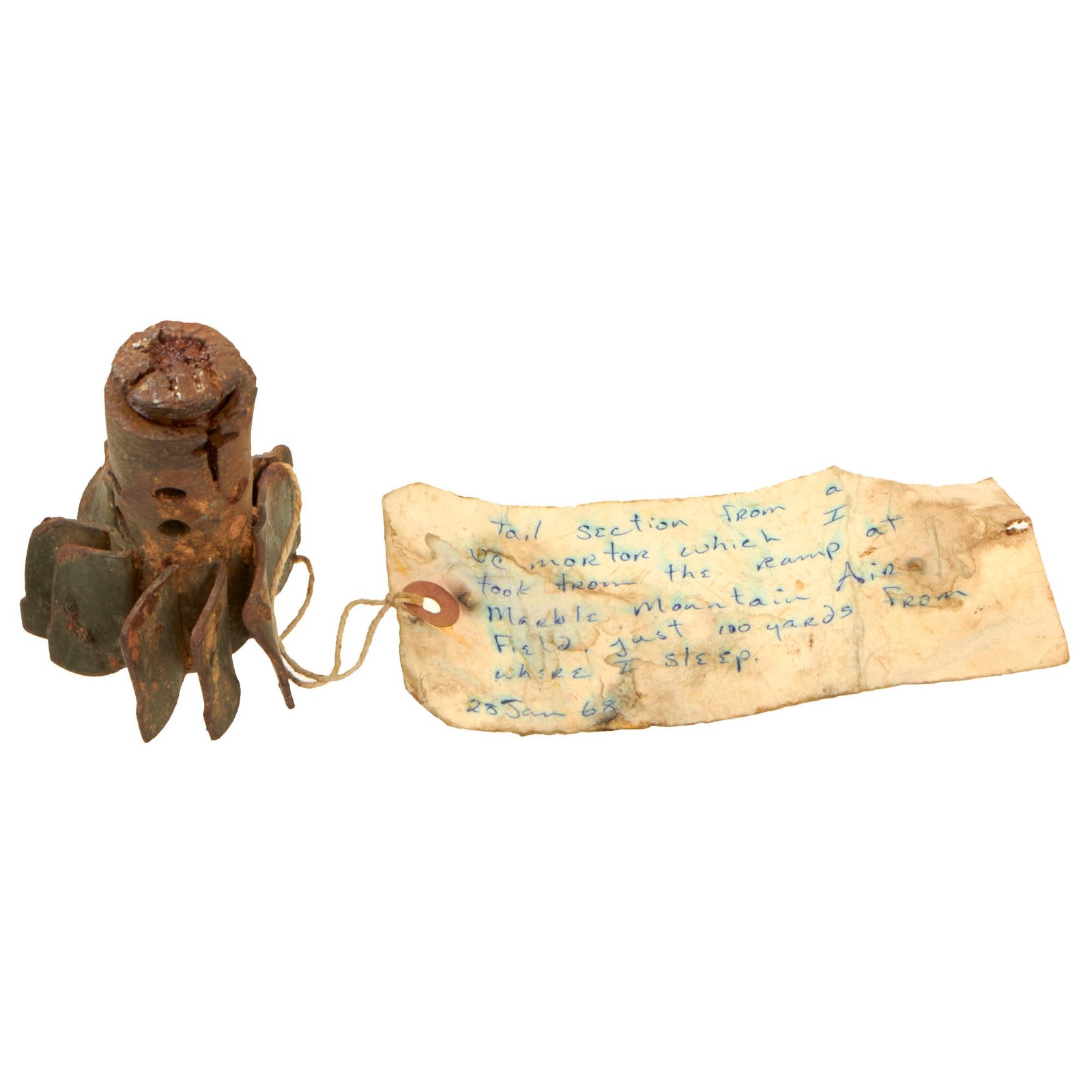 Buy Original Vietnam War Purported 1968 Marble Mountain Air Facility Chinese ChiCom 60mm Mortar Round Tail Relic with Handwritten Tag | Original Firearms Antique For Sale