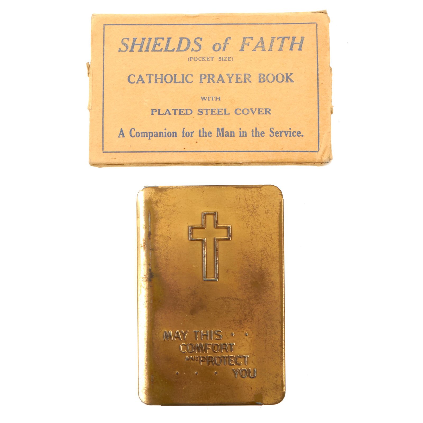 Buy Original U.S. WWII Era Shields of Faith “May This Comfort and Protect You” New Testament Heart-Shield Breast Pocket Bible With Original Mailing Box | Original Firearms Antique For Sale
